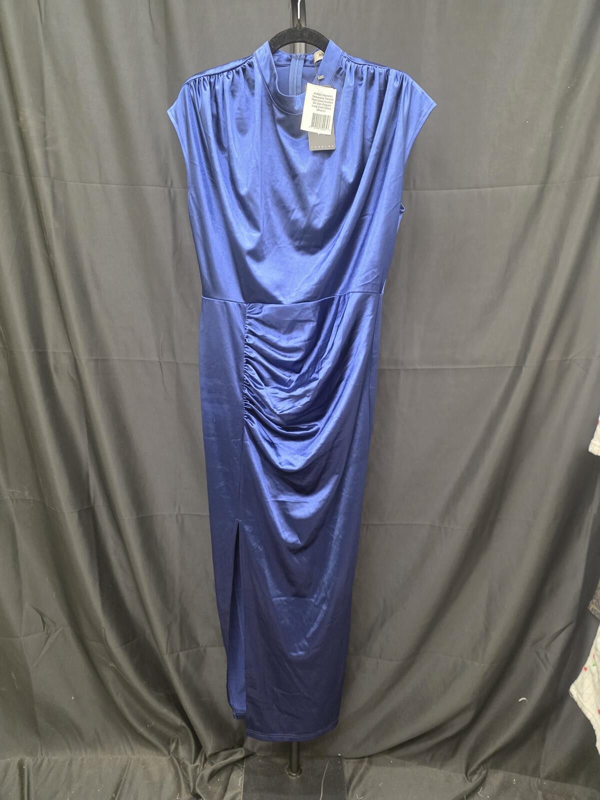 AOMEI Women’s Sleeveless Pleated Satin Ruched Slit Long Dress Blue L