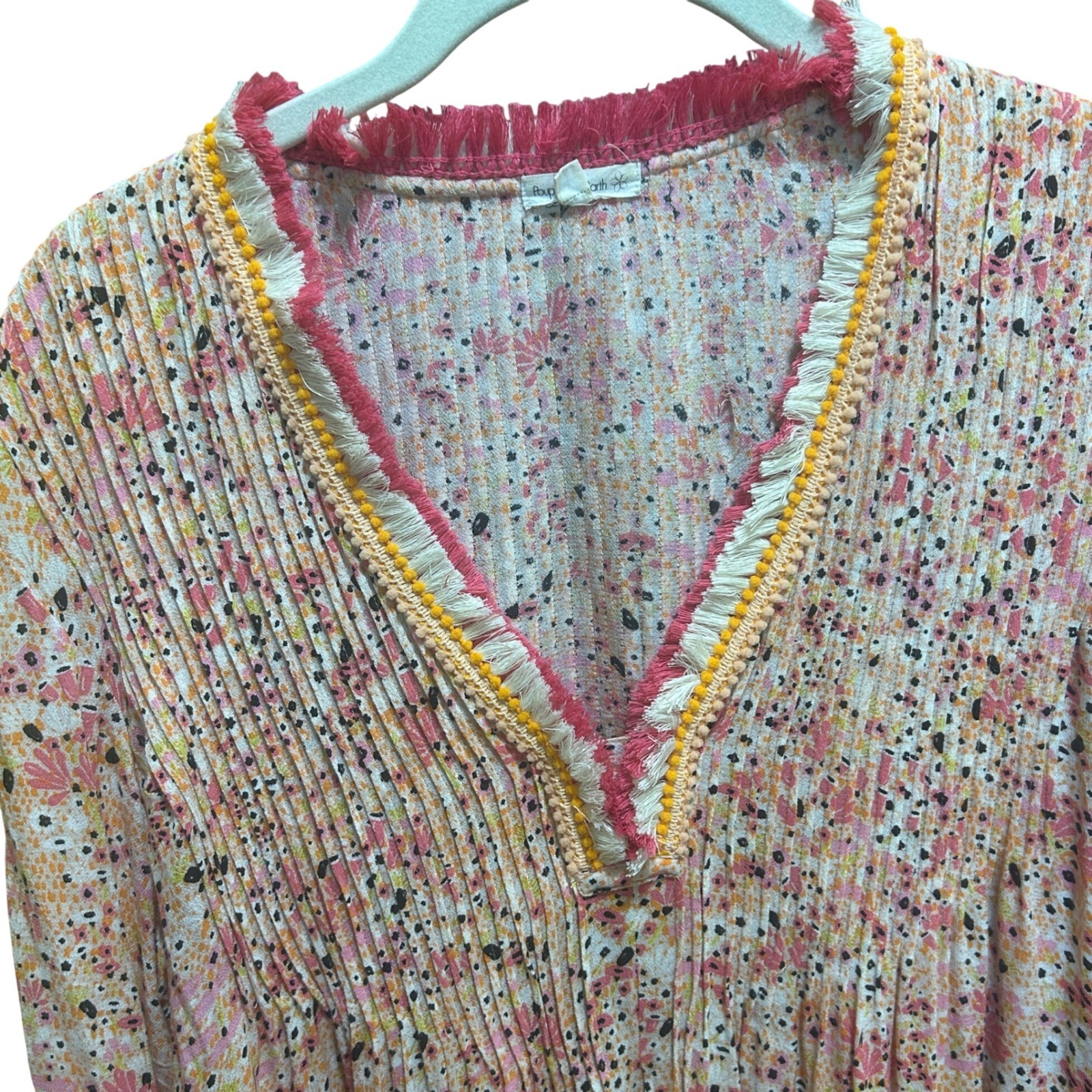 Poupette St Barth Mini Dress M Pink Orange Floral Fringe Pintuck V-Neck Boho