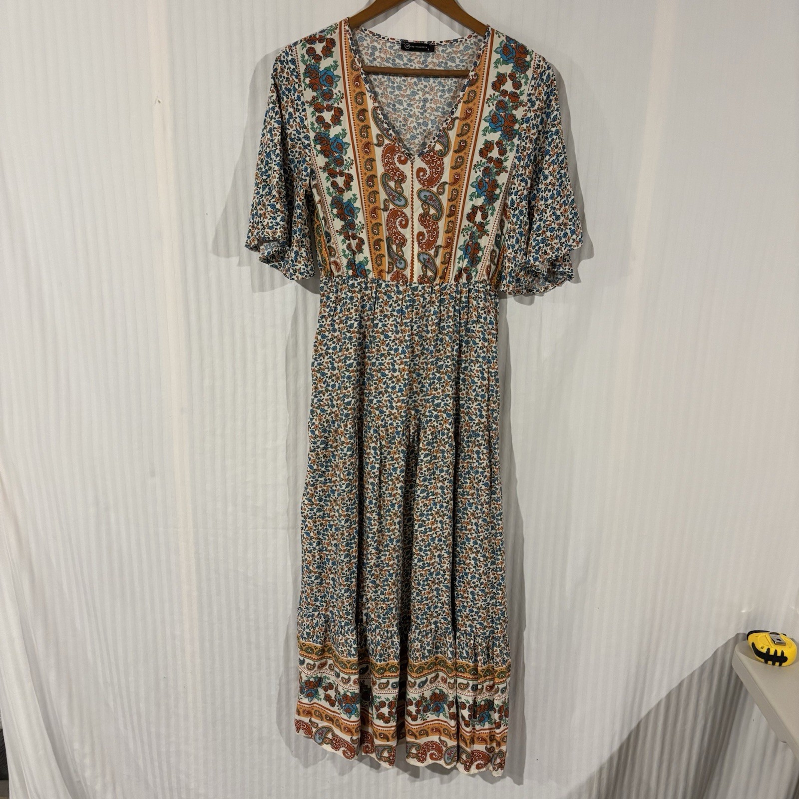 Pretty Garden Maxi Dress Sz Small Floral Print Boho Short Sleeve Cottage QQ-5