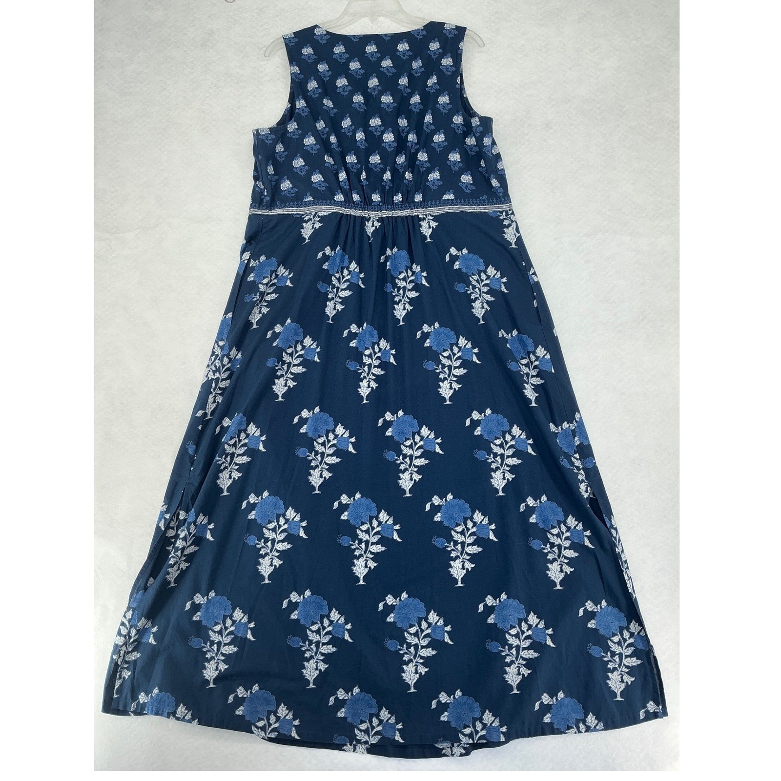 Pure Jill Maxi Dress Womens Medium Blue Floral Cotton Block Print Boho Pockets
