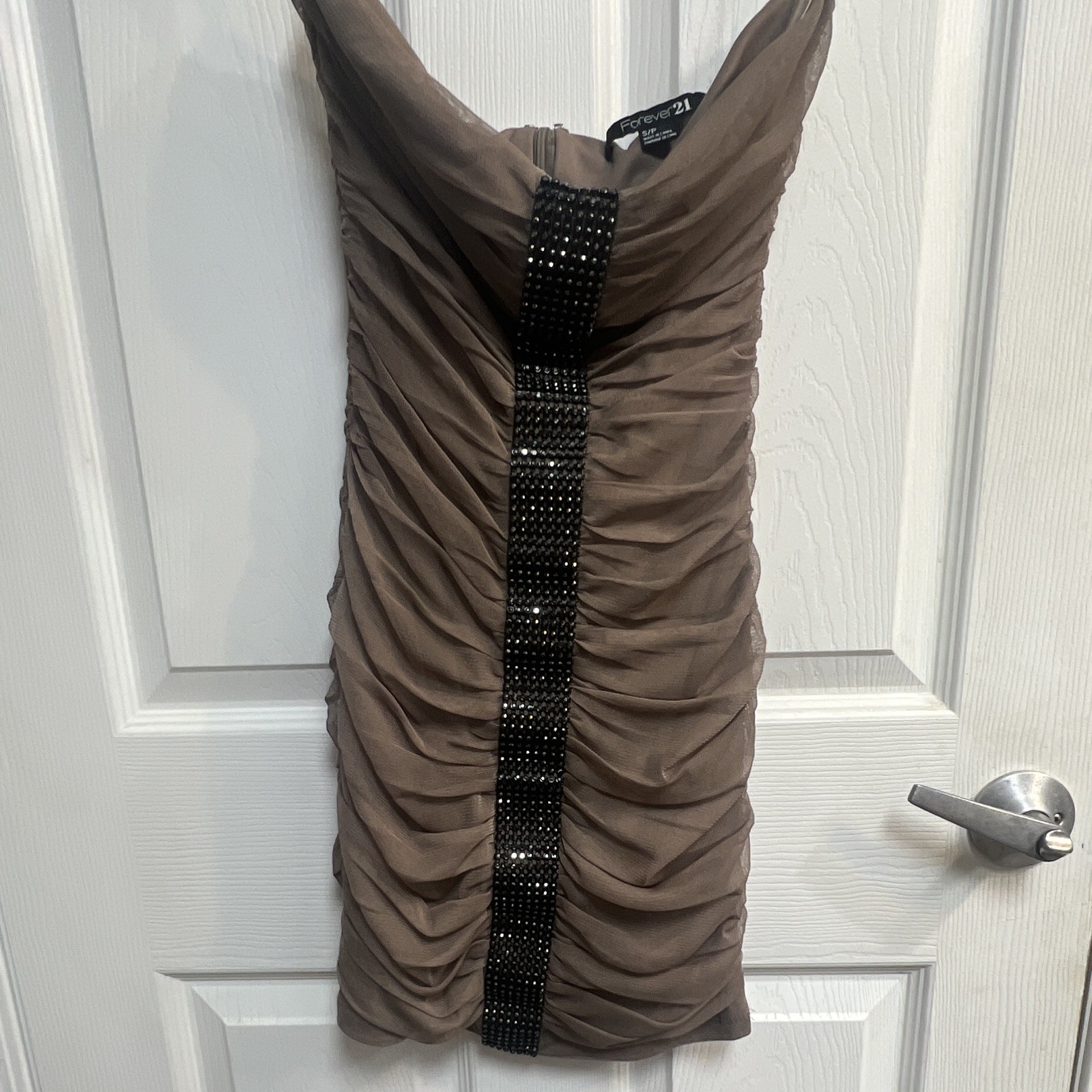 Forever 21 Women’s Brown Strapless Ruched Mini Dress Mesh Rhinestone Sz S/P
