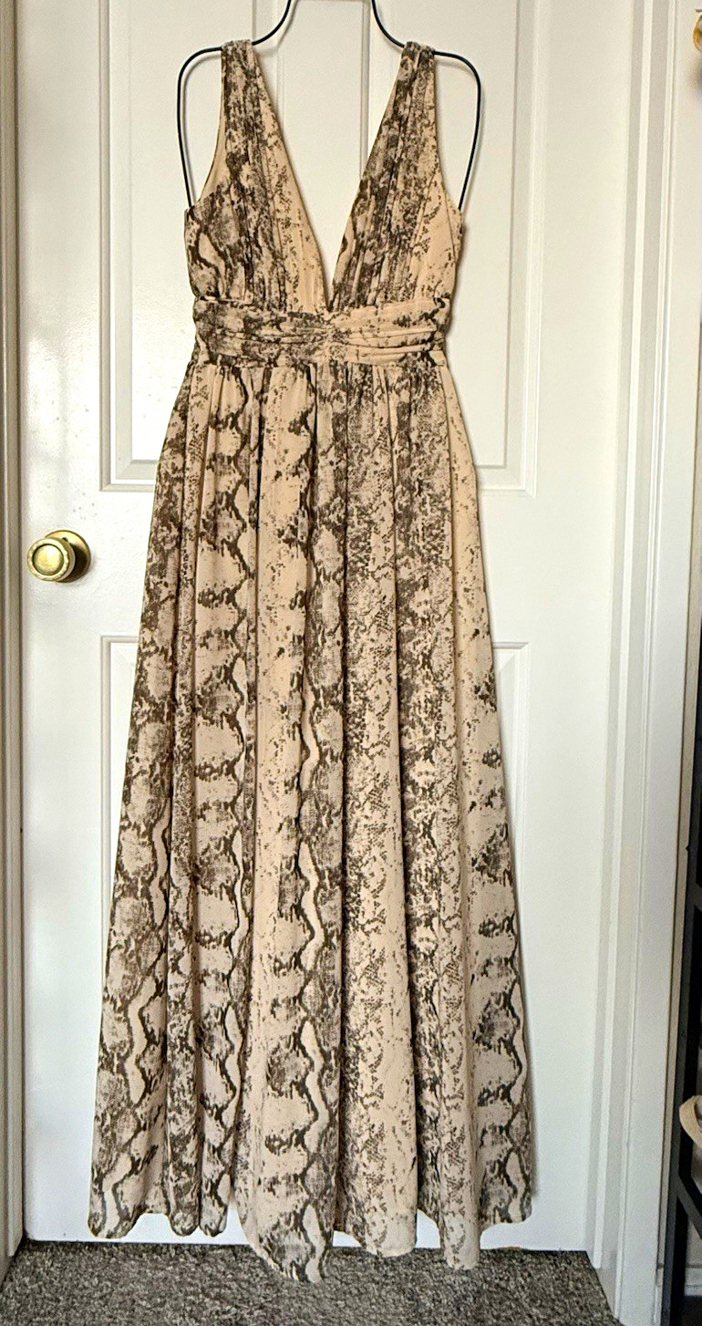H&M Beige Gray Snake Print Maxi Dress V-Neck Sleeveless Long Women’s S