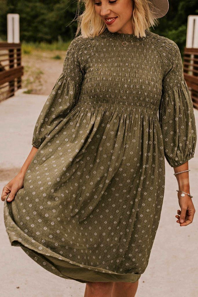 Roolee Green Smocked Midi Dress Geometric Print 3/4 Balloon Sleeve Size M