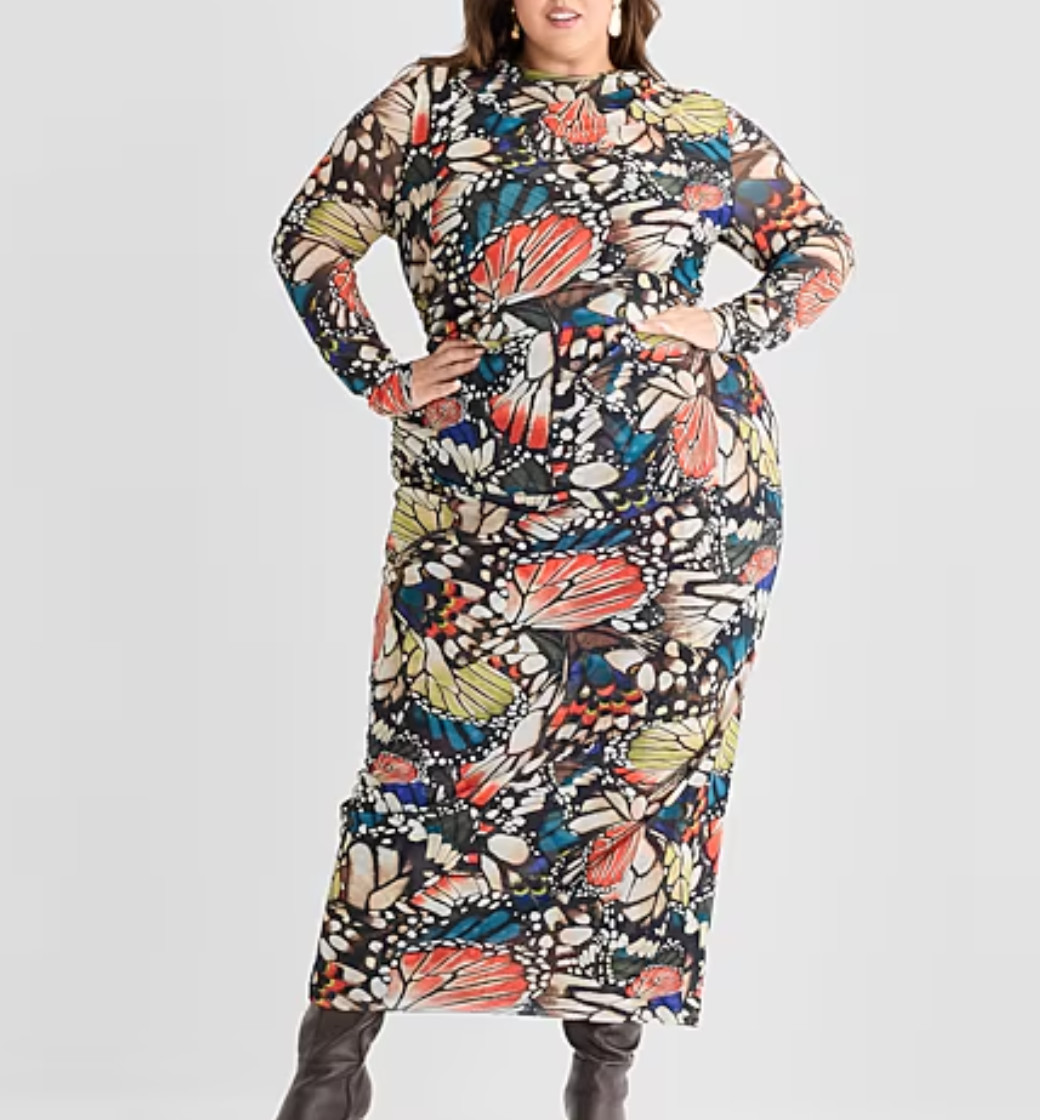 NWT ($90) ASHLEY GRAHAM Sz 0X Butterfly AOP Bodycon Semi-Sheer Lined Maxi Dress