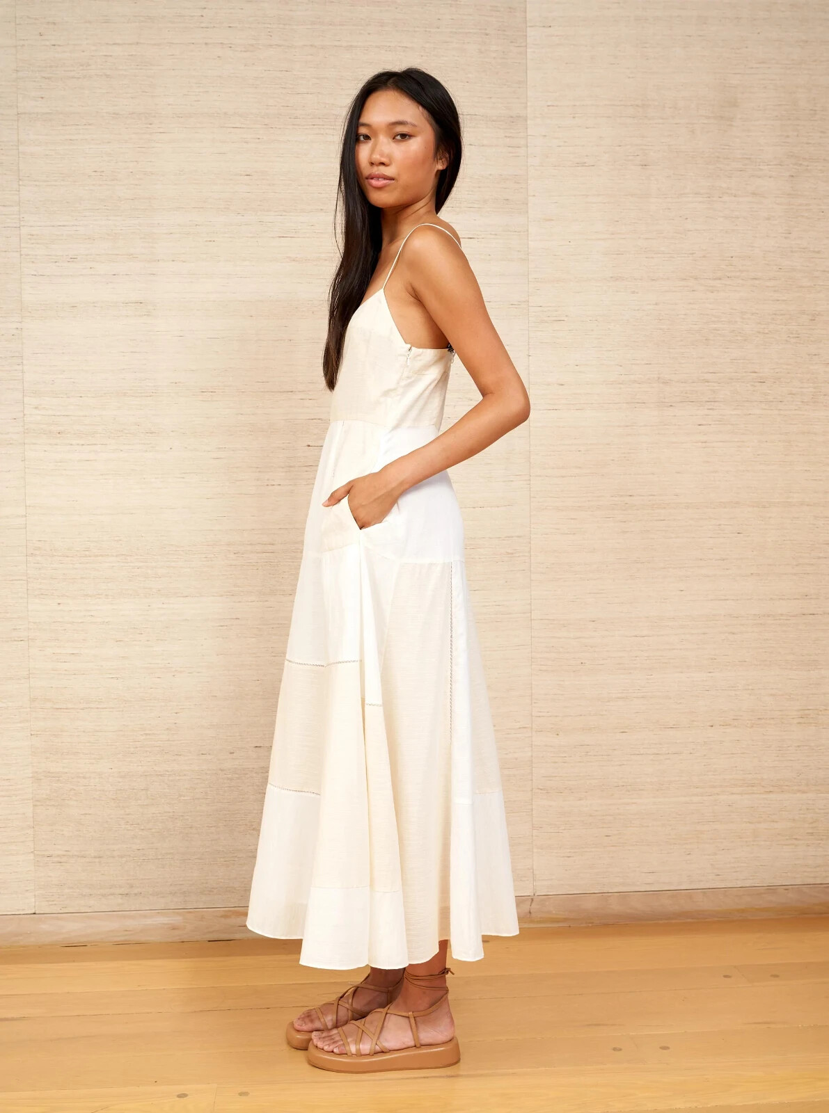 LA LIGNE Natural Ivory Patchwork Ethereal Goddess Celeste Midi Dress LARGE 10/12