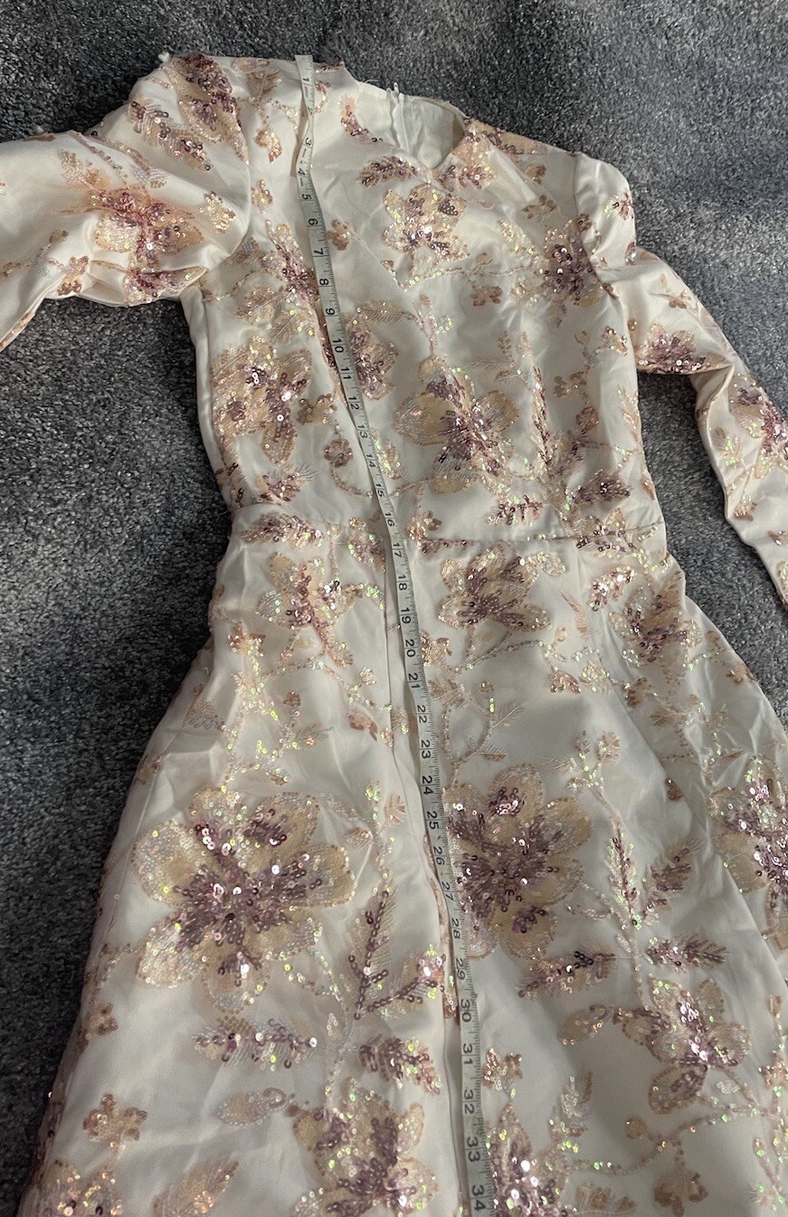 Pink FLORAL Sequence ￼ LONG SLEEVE High Round Neck GOWN Size L, Handmade.