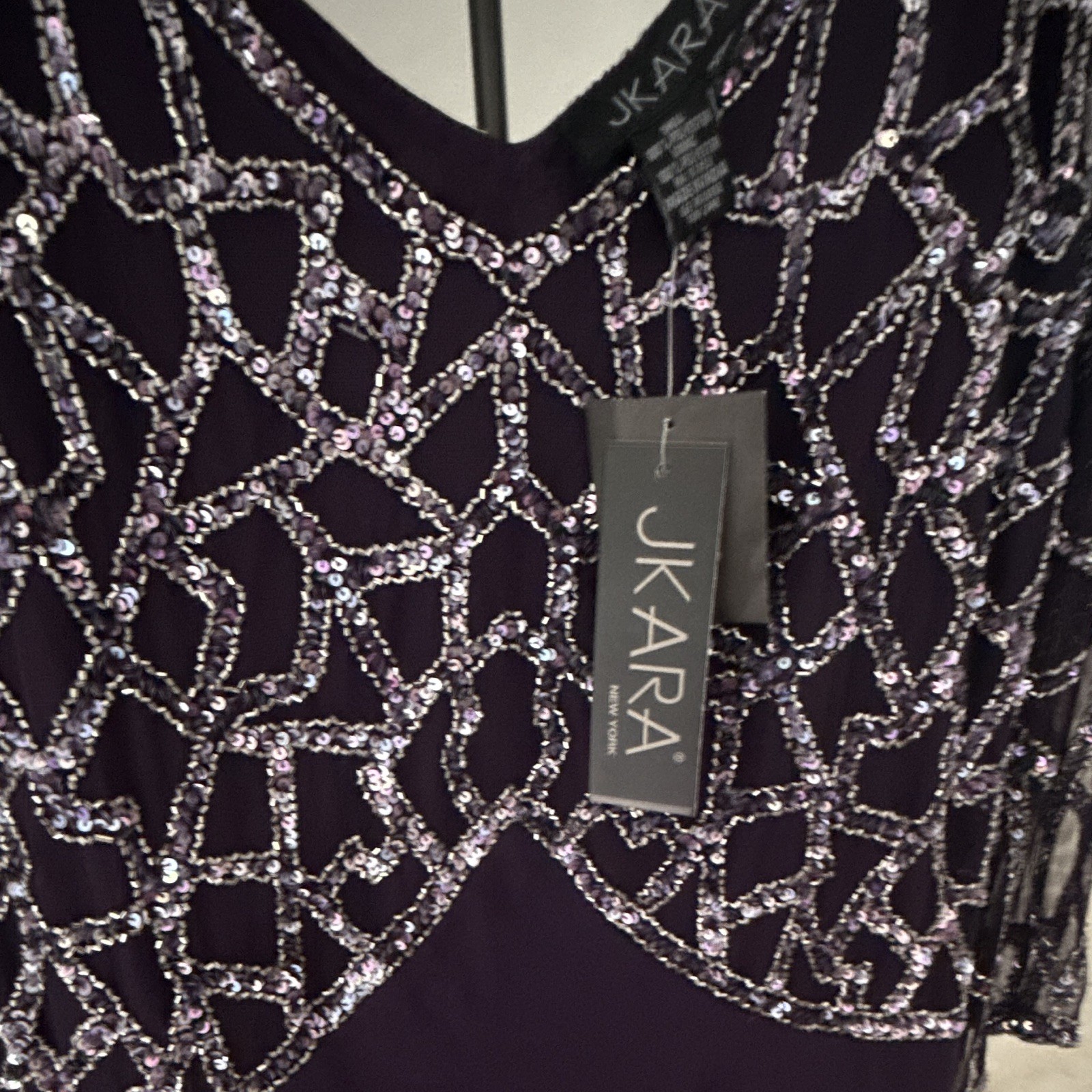 JKara Women’s 22W Purple Beaded Sequin Mesh V-Neck 3/4 Sleeve Long Gown