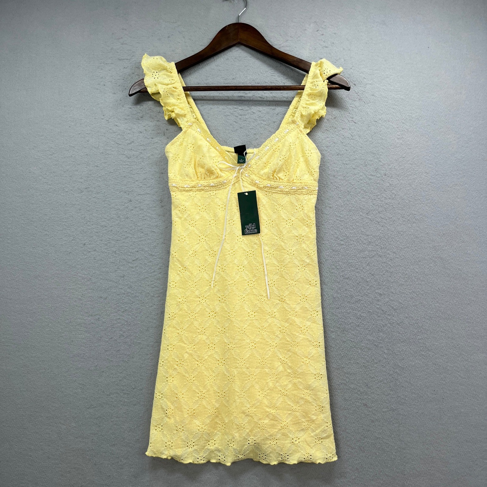 Wild Fable Mini Sun Dress Womens S Yellow Eyelet Ruffle Tie Front Coquette New