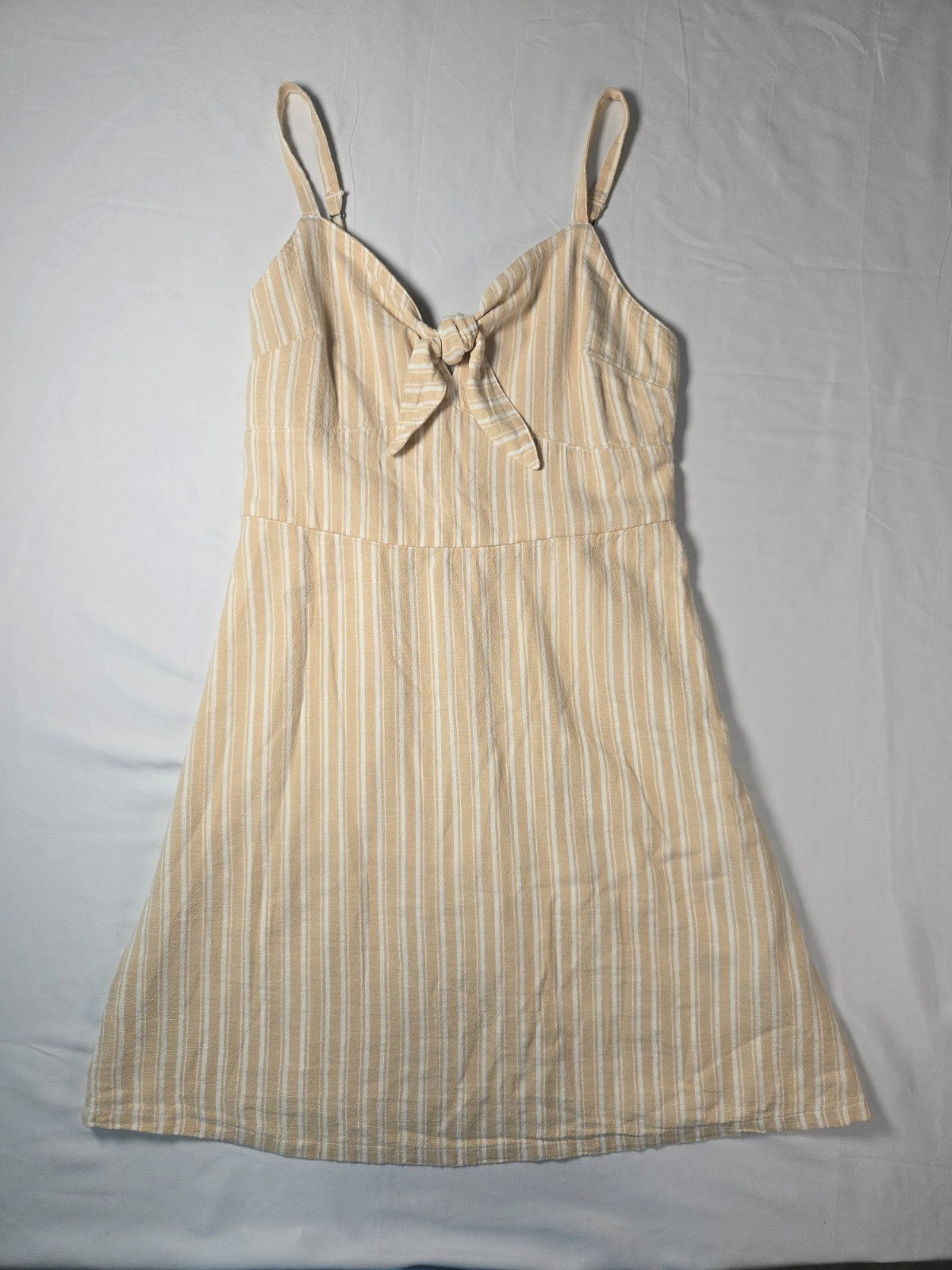 Striped Beige Cream Sundress Cotton Linen Sz M Babydoll Coastal Neutral Beachy