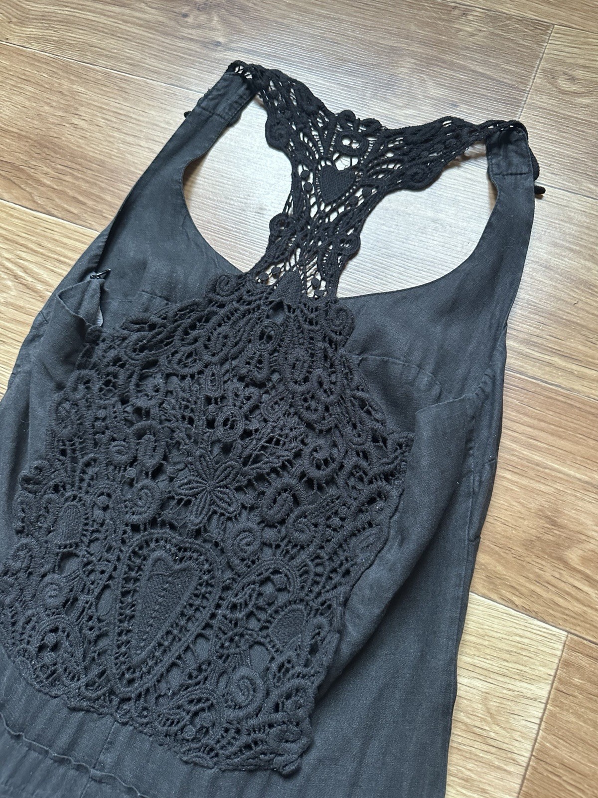 Didier Parakian Vintage Black Linen Maxi Dress Crochet Lace Y2K Gothic Sz 38