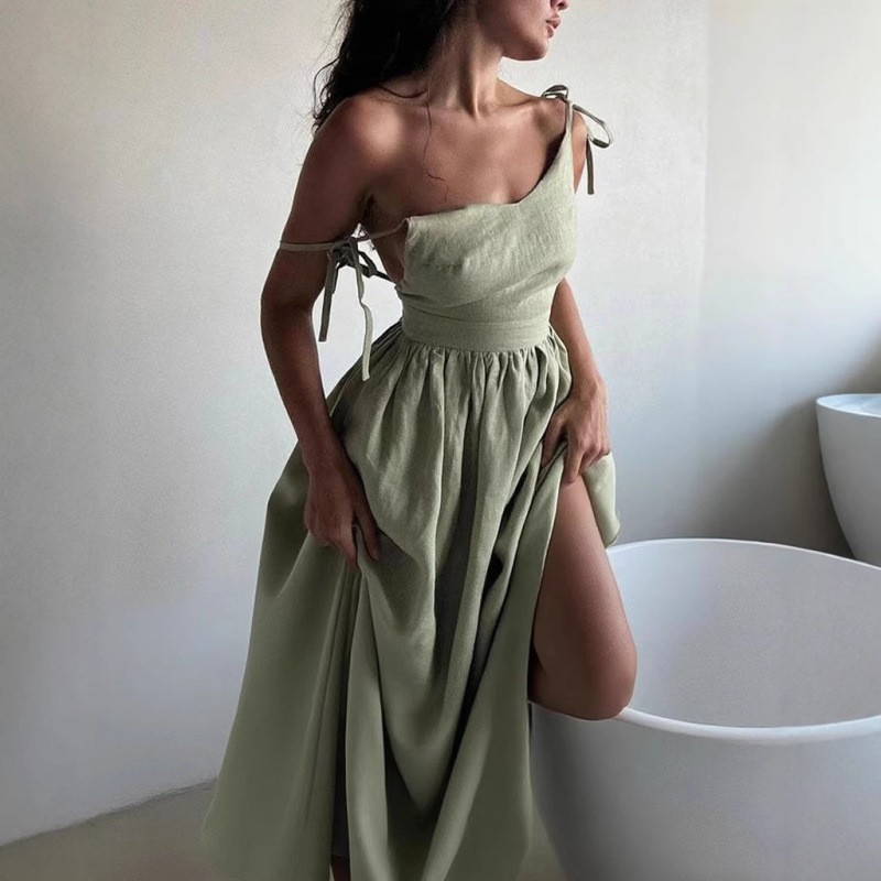 Elegant Backless Spaghetti Strap Dress V-Neck High-Waist Cotton