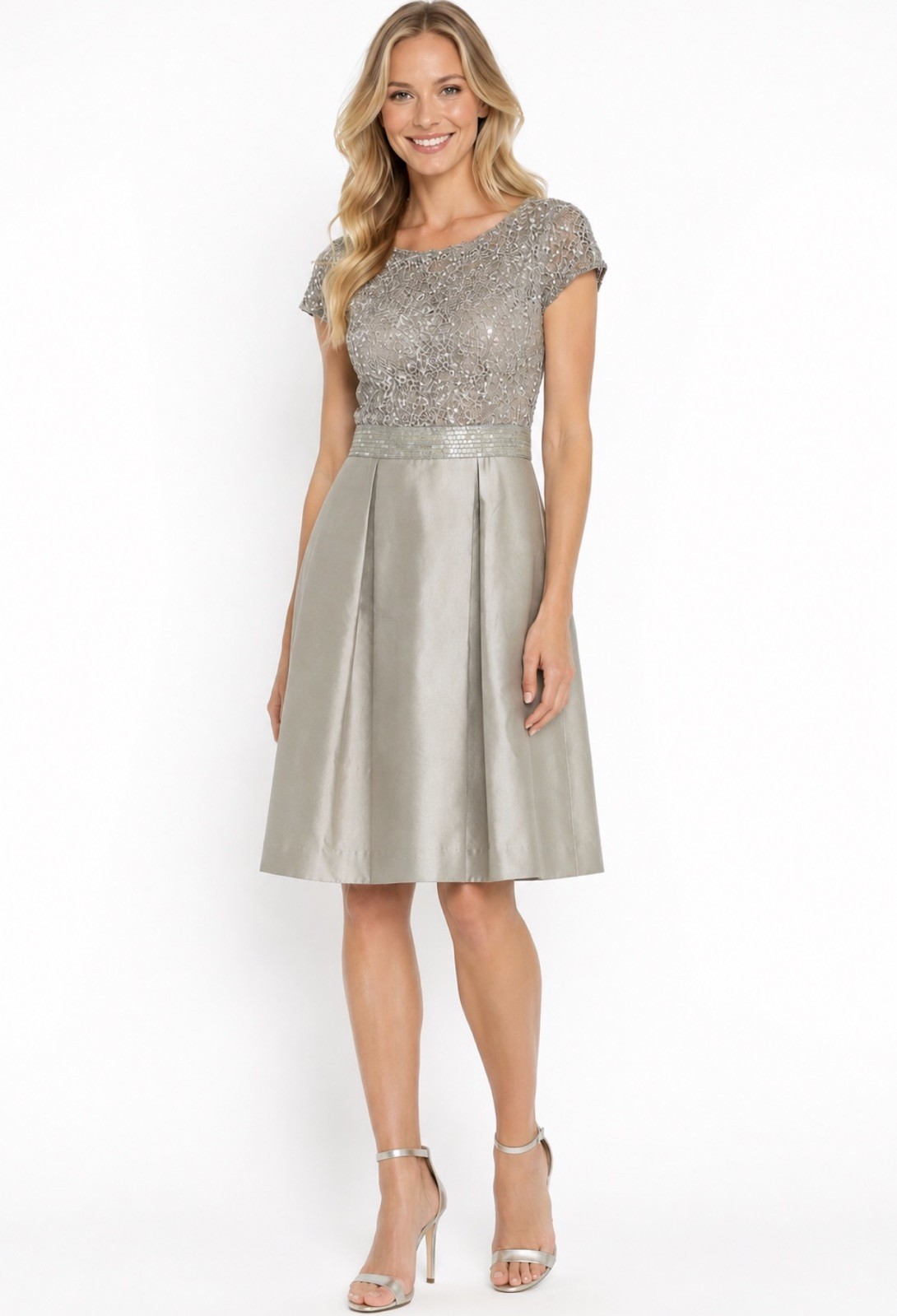 Kay Unger NWT $480 Moir Lace Sequin Silk Blend Formal Party Dress Silver Size 10