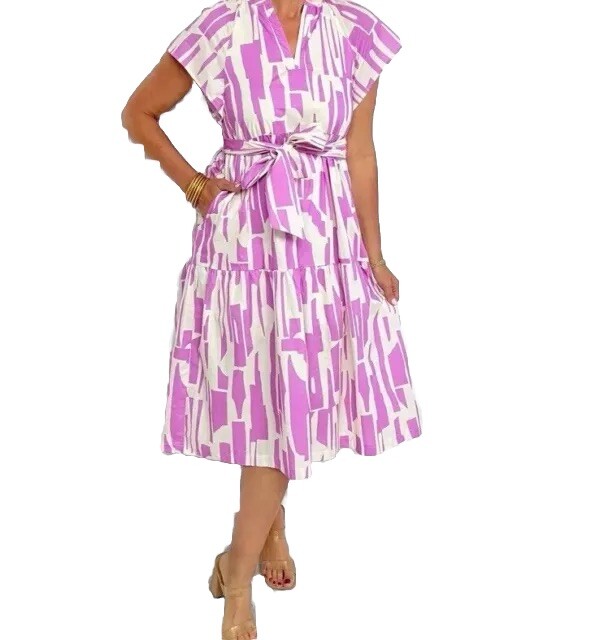 NWT Pinch Tie Waist Dress Print Pink Floaty Tiered Midi Medium Cotton Comfy