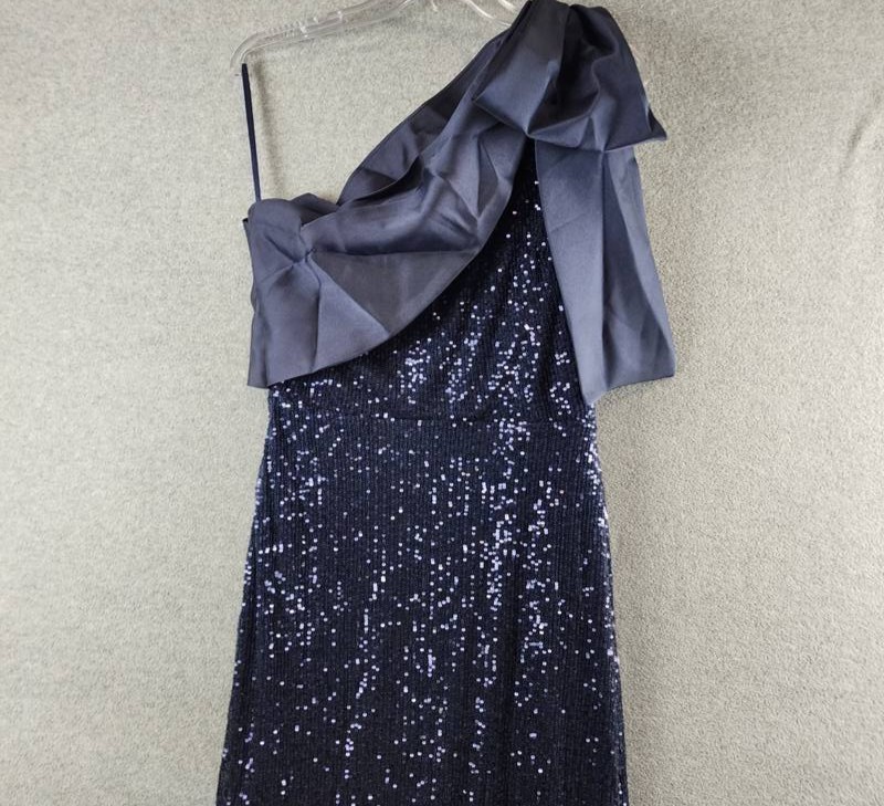 Aqua Formal Long Allover Sequined Bow Dress Women’s 12 Navy Asymmetrical Neck