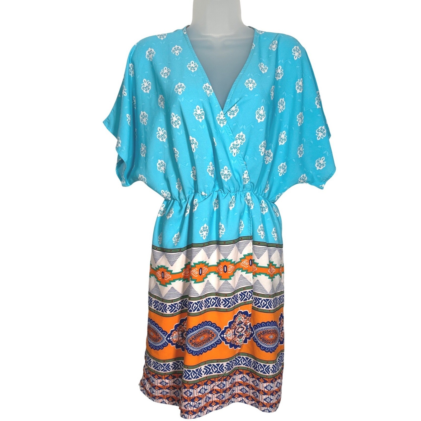 Pink Owl Mini Dress Turquoise Boho Kimono Sleeve Orange Paisley Festival Medium