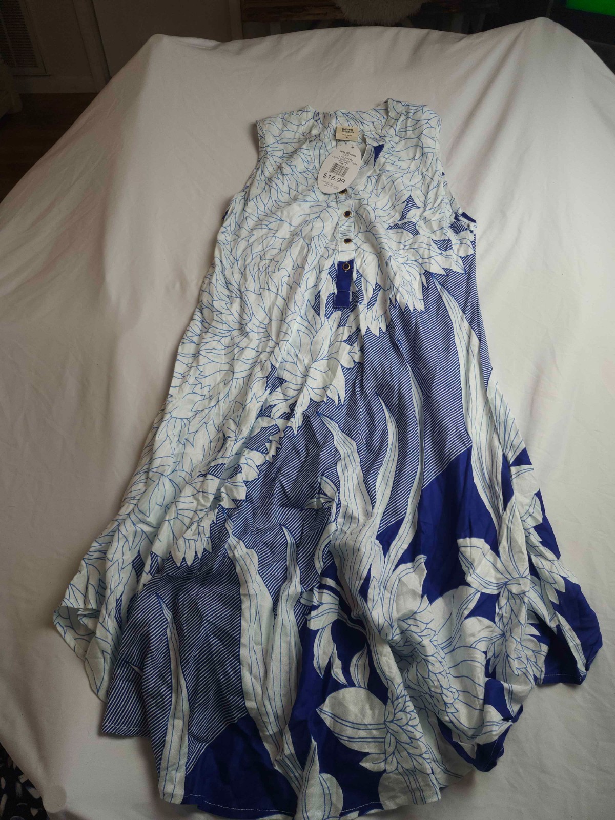 Seven Islands Maxi Dress Womens Small White Blue Floral Sleeveless Flowy NWT