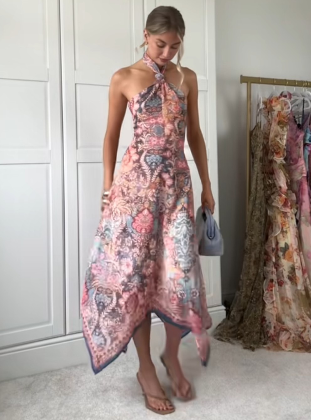 NWT H&M Chiffon Halterneck Dress Light Beige/Paisley 1338849001 Sizes M, L