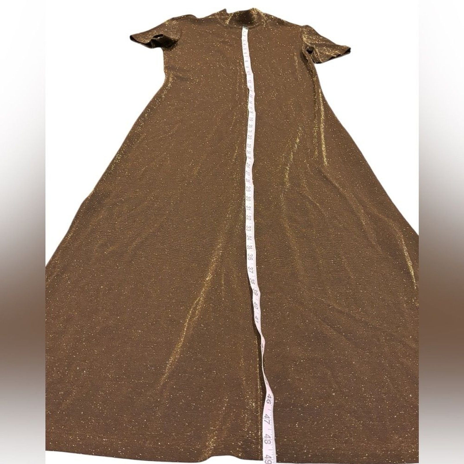Vintage Elegant chocolate Brown metallic gold Maxi Dress mock neck side slit