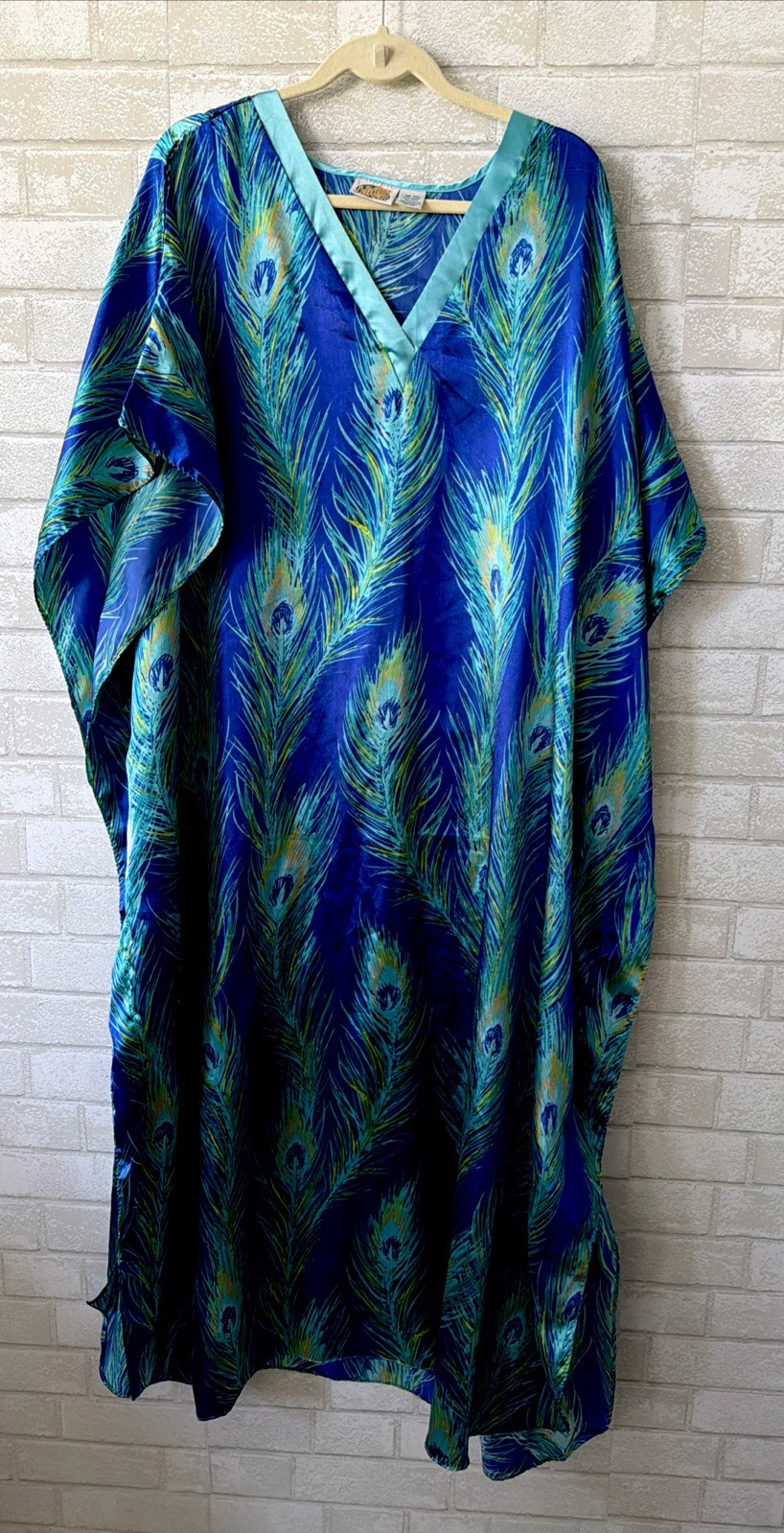 Vintage OSFM Royal Creations Peacock Feather Caftan MuuMuu Maxi Dress Kaftan
