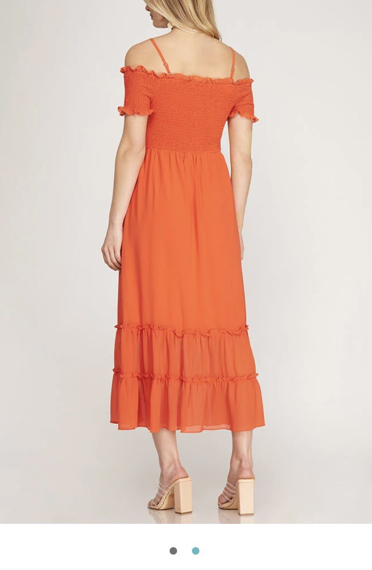 She + Sky Coral Red Off-the-Shoulder L Midi Dress Spaghetti Straps Summer Dress