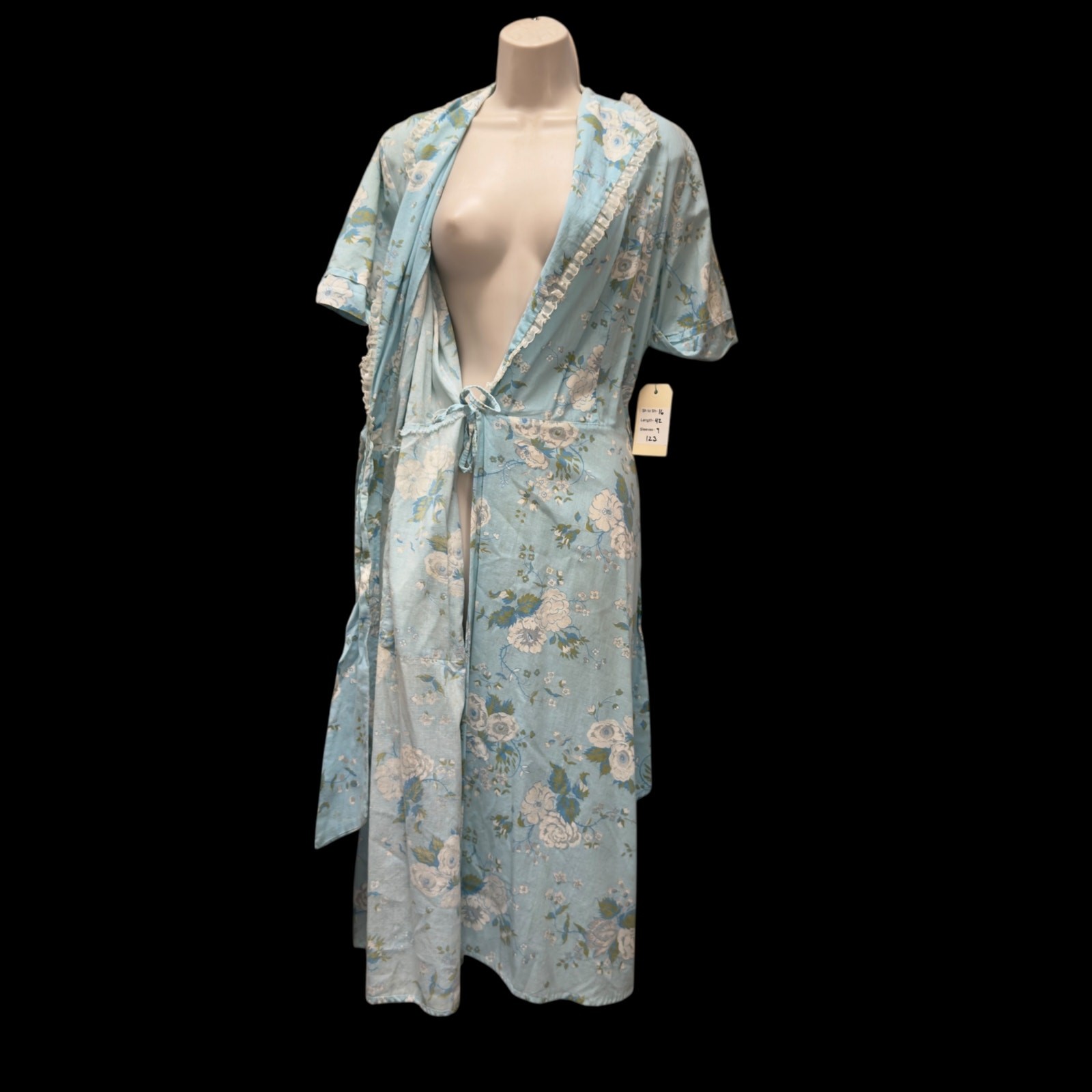 Vintage 1940s Blue Floral Seersucker Cotton House Dress Tie Waist Pockets Lace