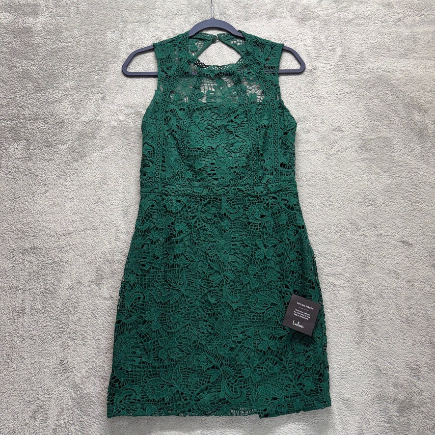 Lulus Dress Womens M Green Living Lovely Emerald Mini Crochet Lace Backless New