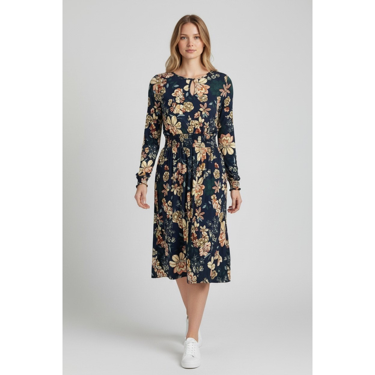 SJS Sz L Midi Dress Keyhole Neck Smocked Waist Navy Floral Stretch Knit Office
