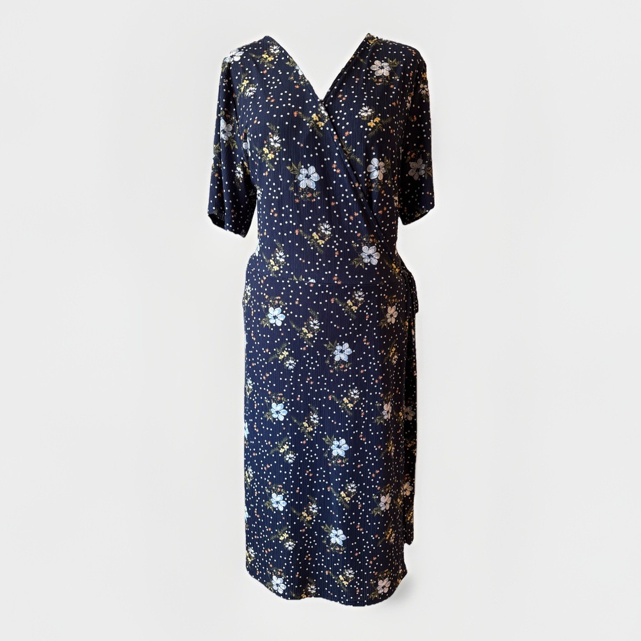 LADIES SUMMER WRAP DRESS WOMEN UK 14 NAVY FLORAL CASUAL TRAVEL P2P42 L42
