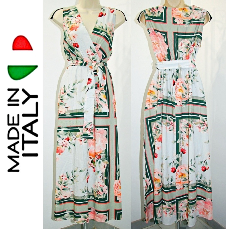 Le Ragazze Linen Blend Surplice Neck Sleeveless Belted Maxi Dress sz XL Italy