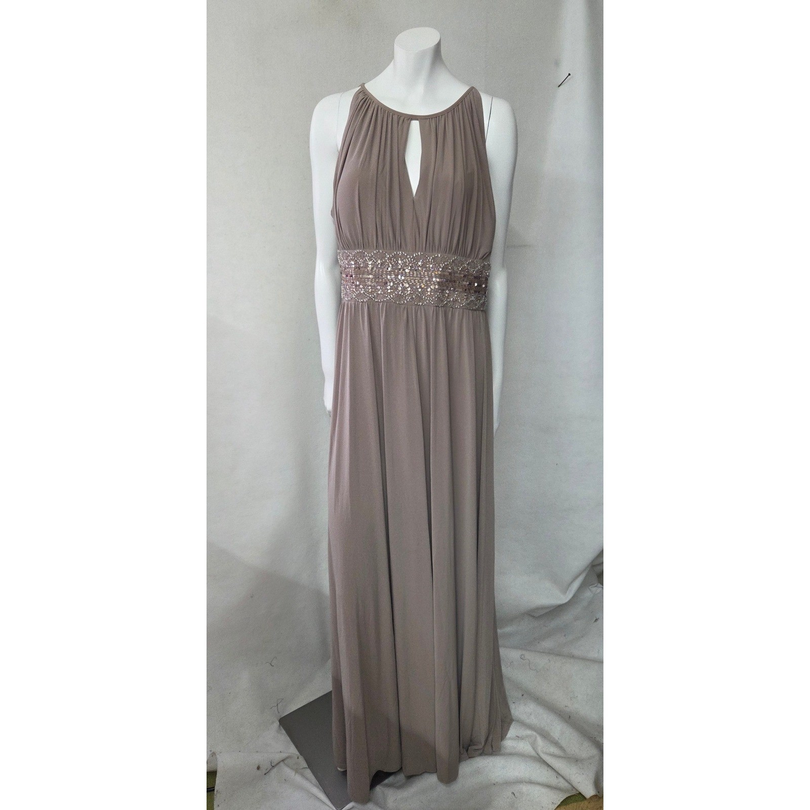 R&M Richards Maxi Dress Women 16 Taupe Beaded Waist Halter Keyhole Gown Wedding