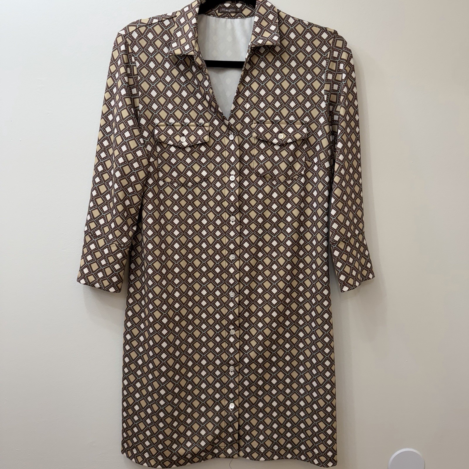 J. McLaughlin Dress M Brown Tan Geometric Pattern 3/4 Sleeve Stretch