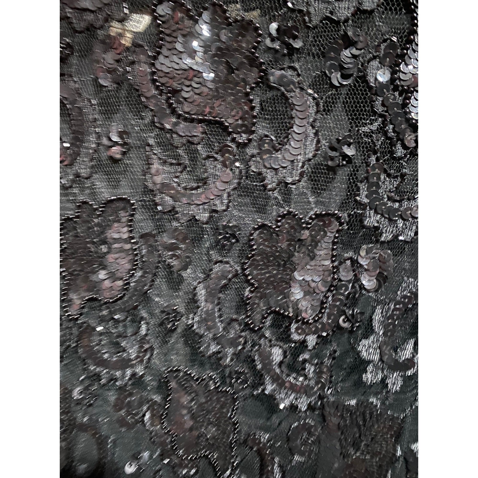 VINTAGE JUDITH ANN DRESS M BLACK SEQUIN BEADED TIERED RUFFLE SHEER MESH LACE