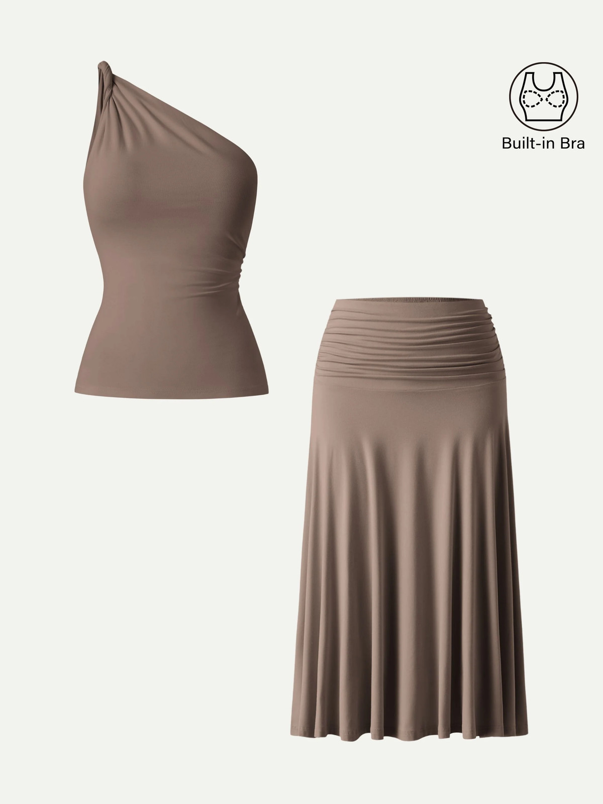 OGL 2Pcs Set One Shoulder Twisted Bra Tank & Side Ruched A-line Midi Skirt
