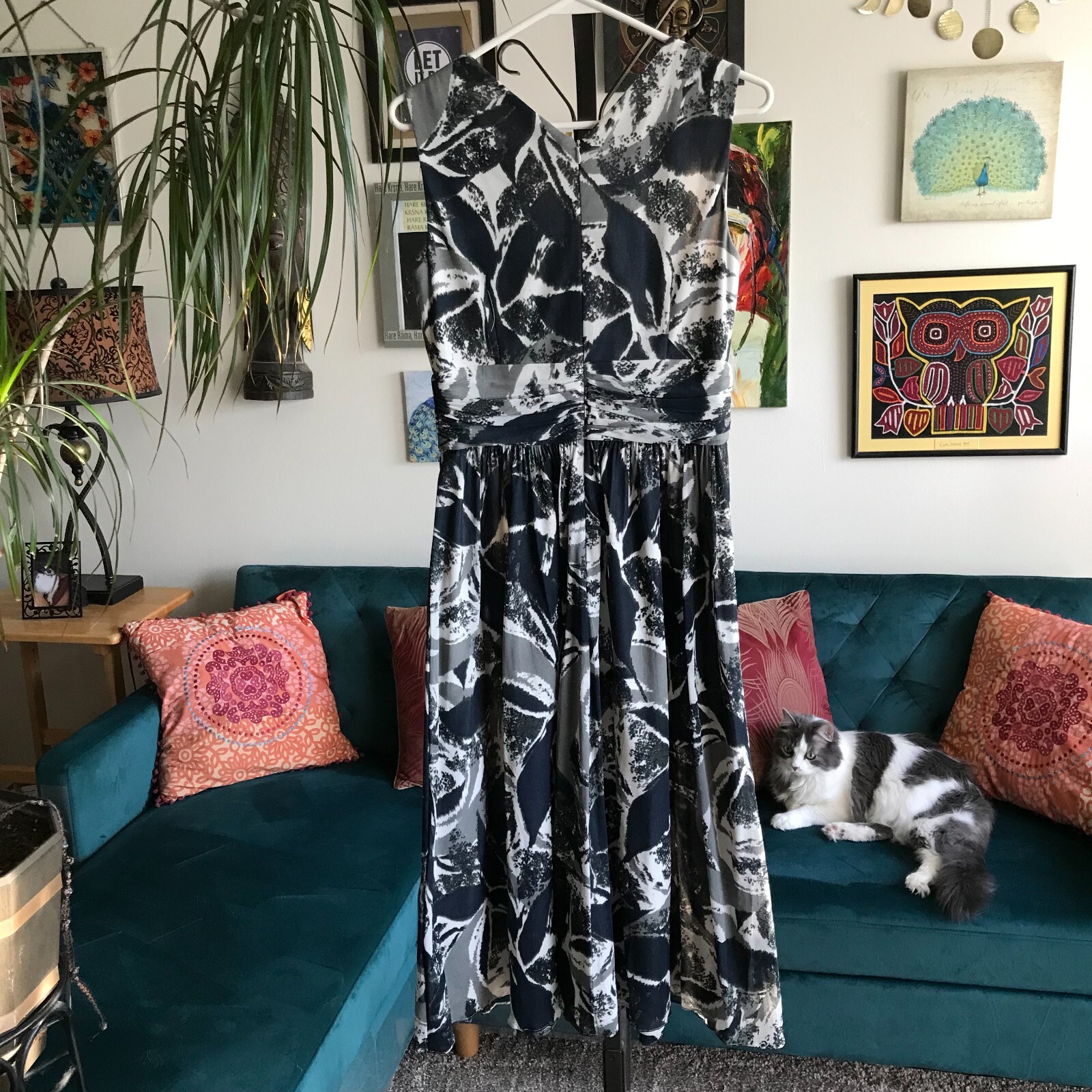 COLDWATER CREEK size 6 Gray Cream & Navy Blue Print Mesh Fit & Flare Dress