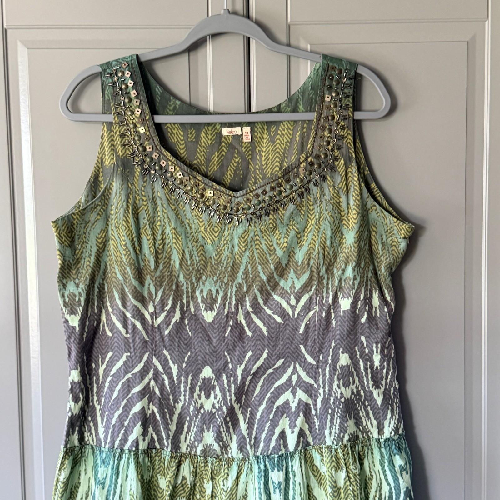 Reba Ikat Beaded Neckline Sleeveless Tiered Midi Dress ,Green Purple 10