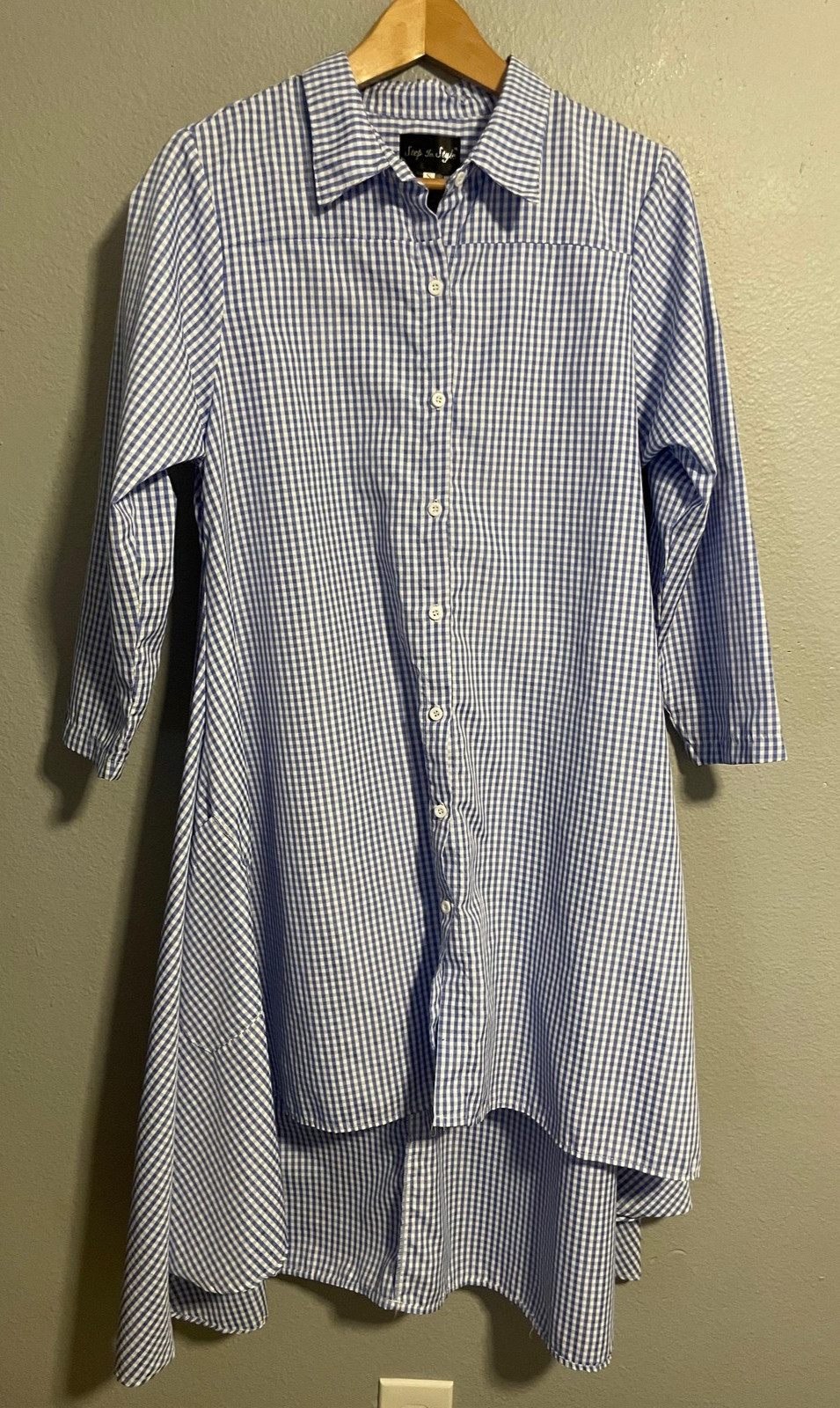 Step In Style Dress Womens Small Blue White Gingham High Low Hem Summer Garden