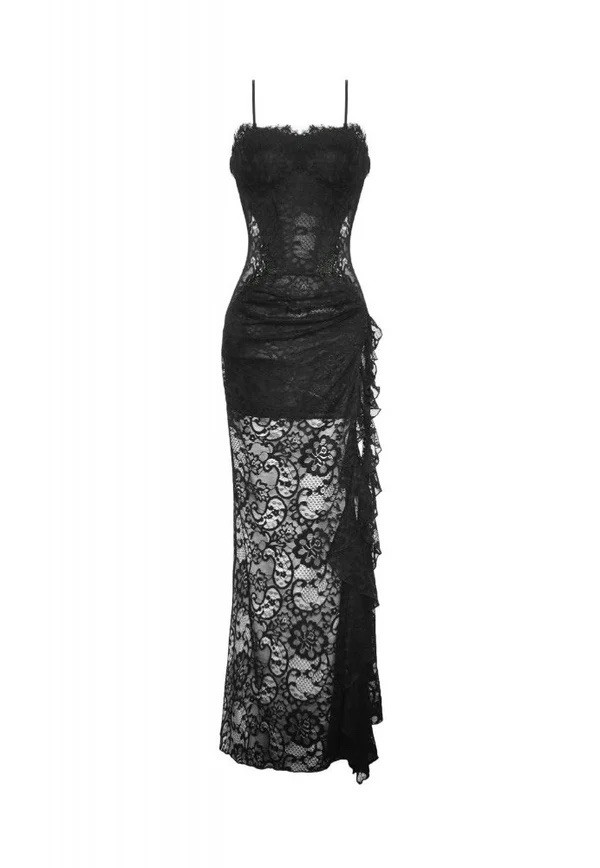 Dark In Love Black Lace Maxi Dress Sweetheart Spaghetti Lace-Up Back XS
