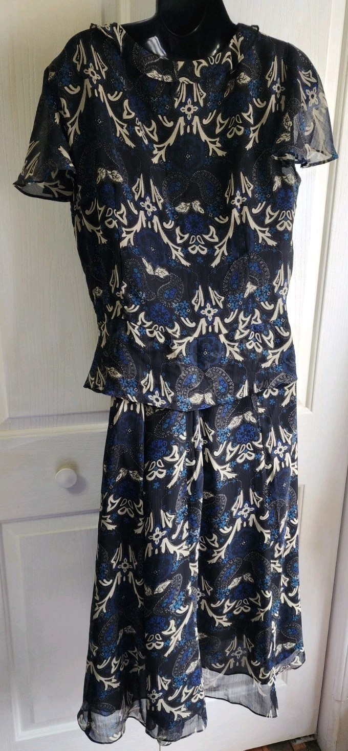 Danny Nicole 2 Pc Dress Set Blue Paisley Sheer Midi Skirt Cottagecore Church
