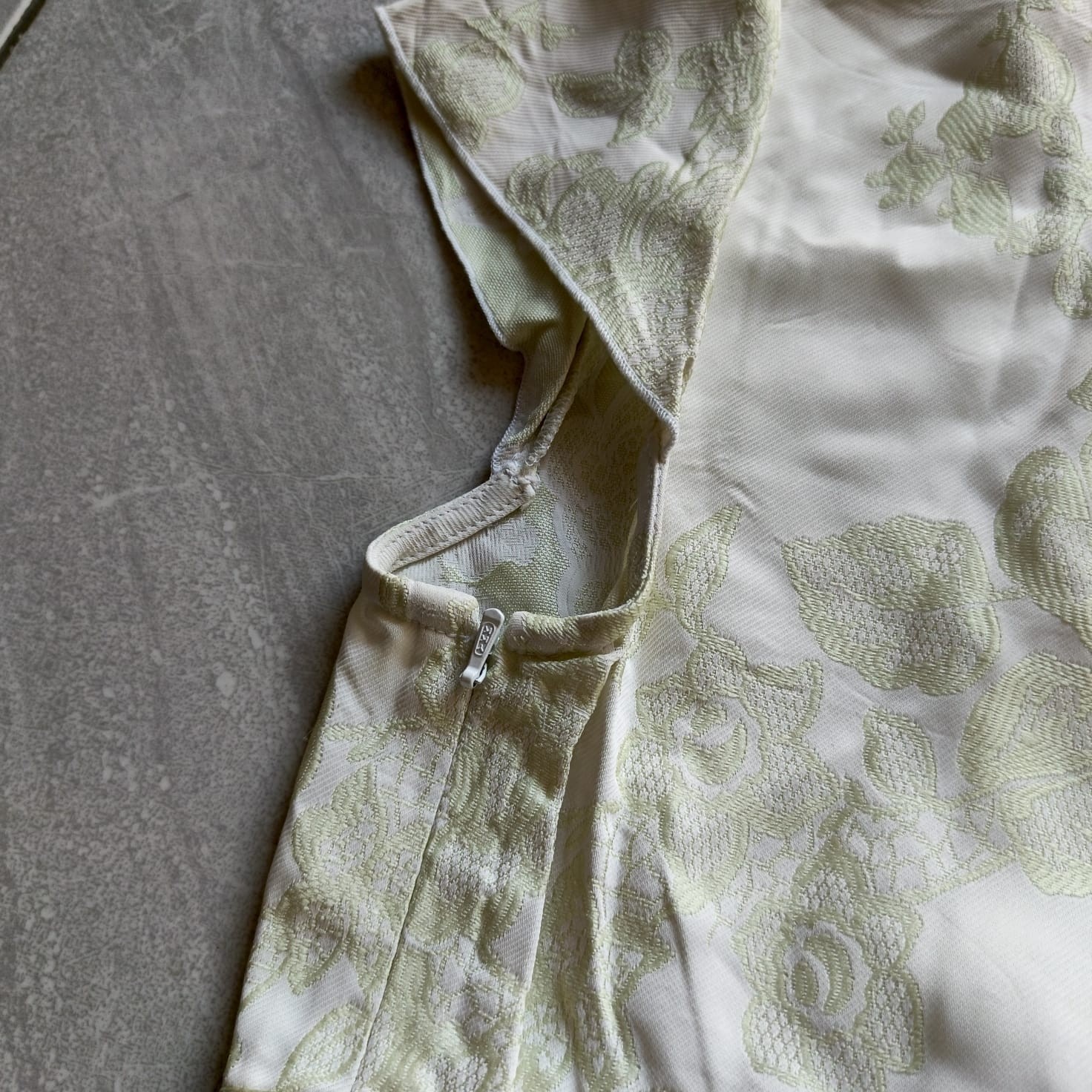 Vintage COMPELA Floral Jacquard Midi Dress Sage Green Bow Accent Flare Line