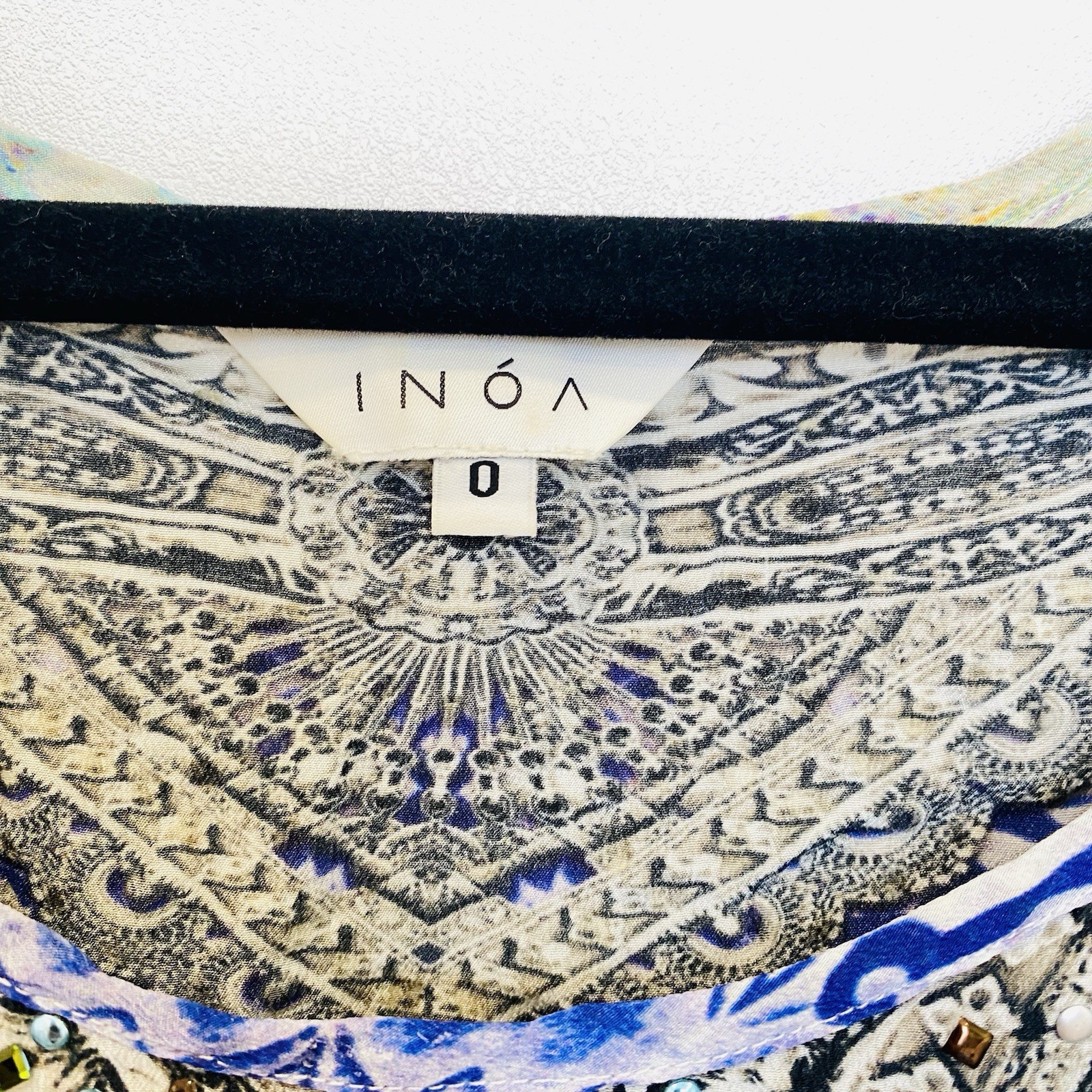 INOA 100% Silk Size 0 Blue Green Jewelled Aztec Patterned Kaftan Dress Boho