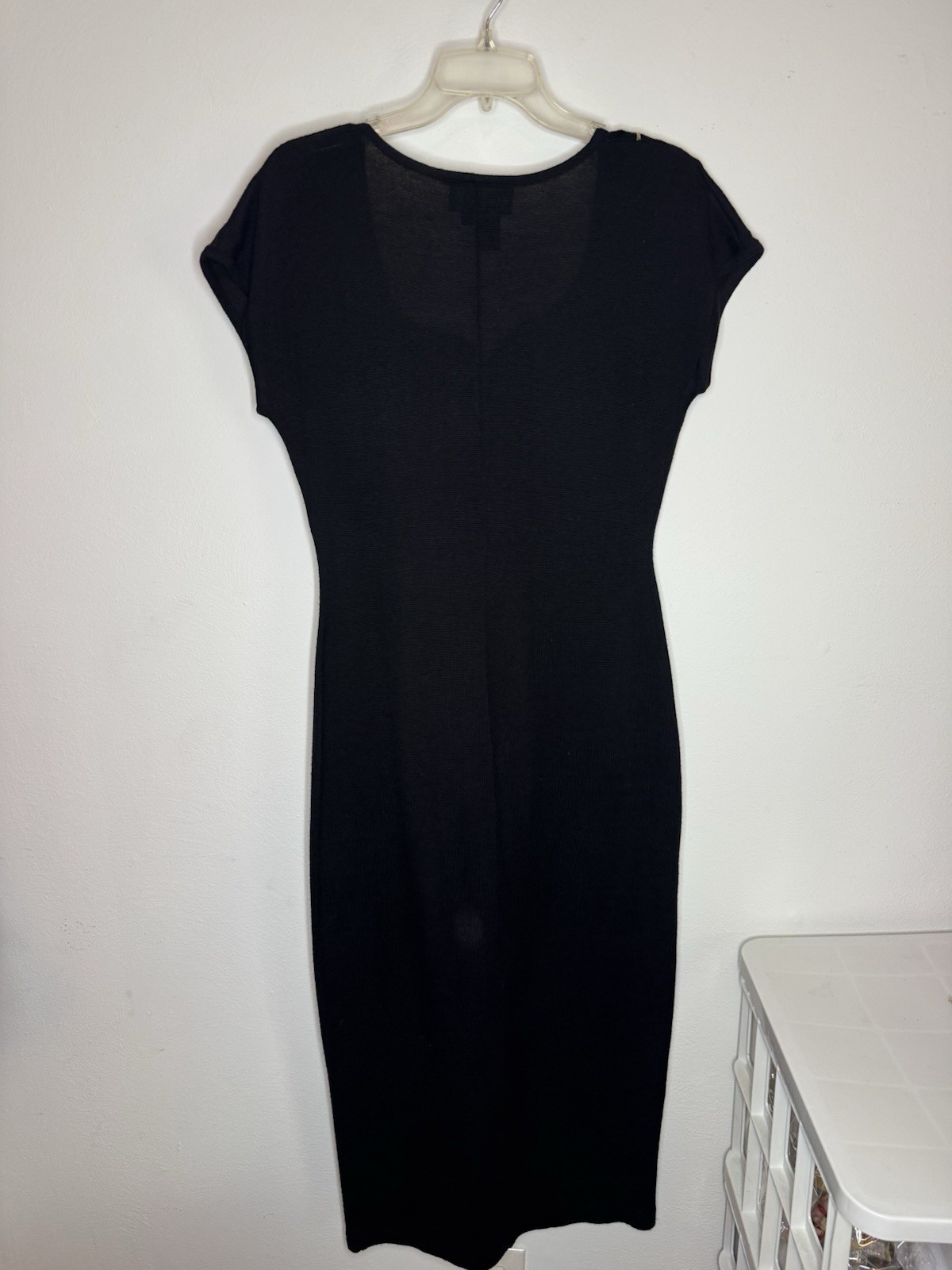 Carole Little Black Sheath Midi Dress Button Front V-Neck Cap Sleeve M
