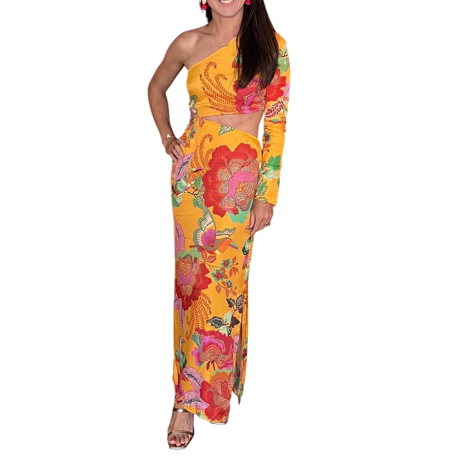 Farm Rio for Anthropologie One-Shoulder Tropical Floral Maxi Dress Size Small