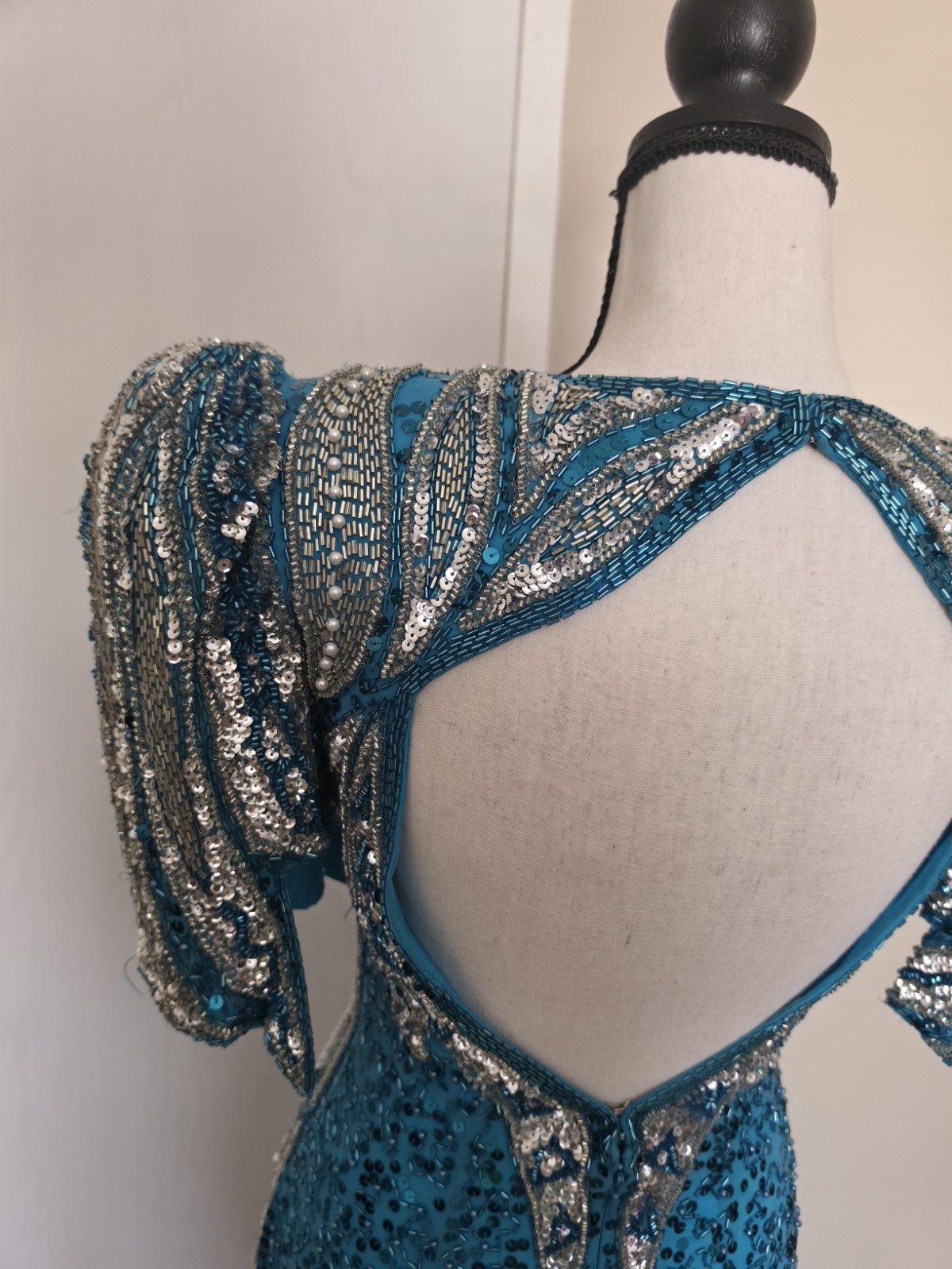 Vintage 80s 90s Alyce Designs Beaded Sequin Maxi Dress Prom Teal Blue Size 4