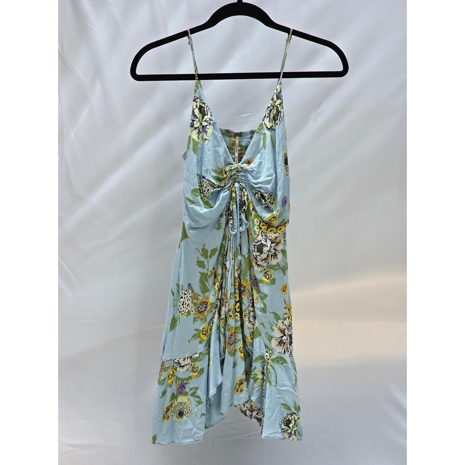 Free People Women Blue Floral Drawstring Smocked Back Mini Dress XS OB1125219