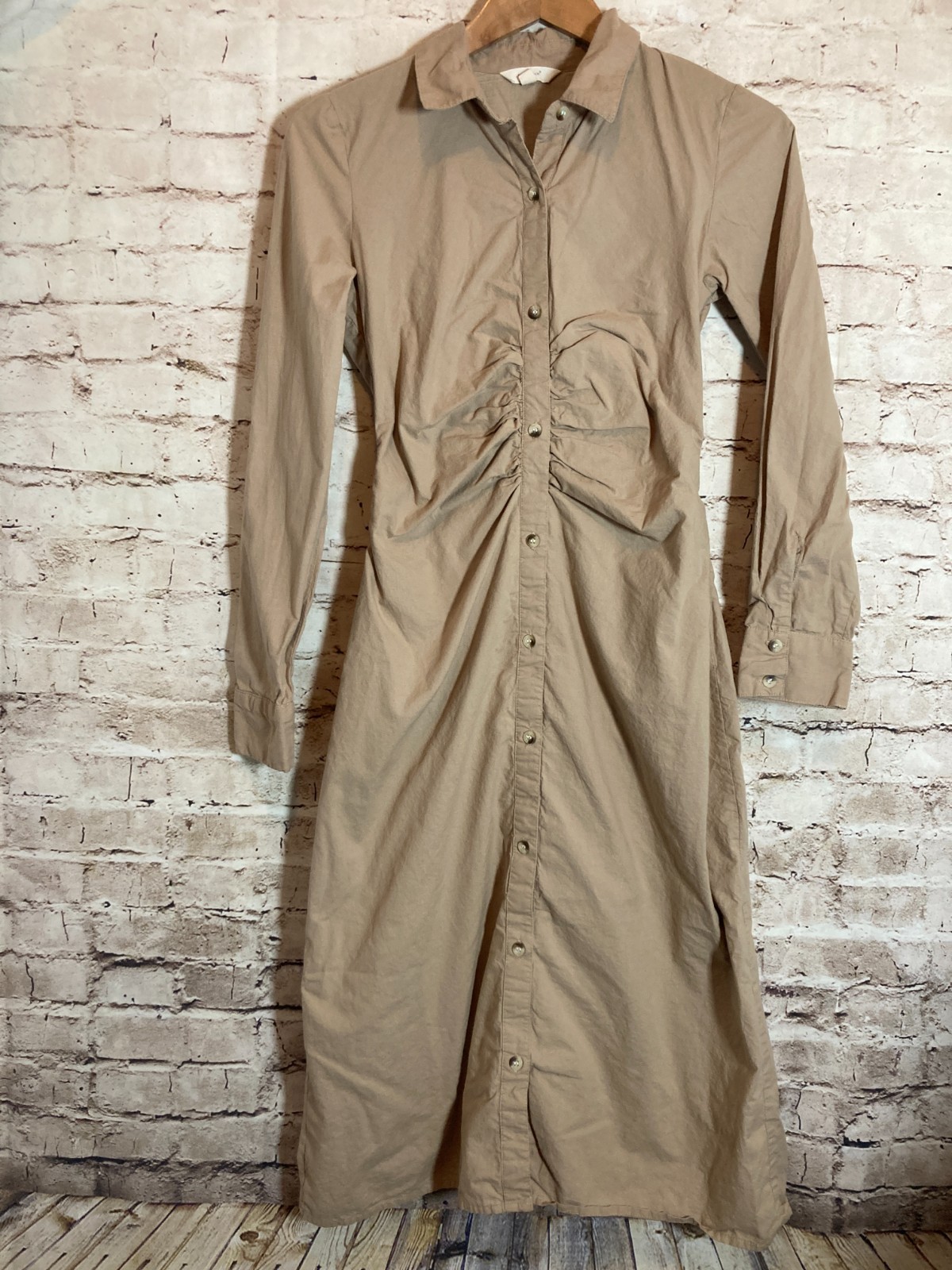Sim & Sam Shirt Dress Womens Small Dark Khaki Ruched Midi Full Button Front