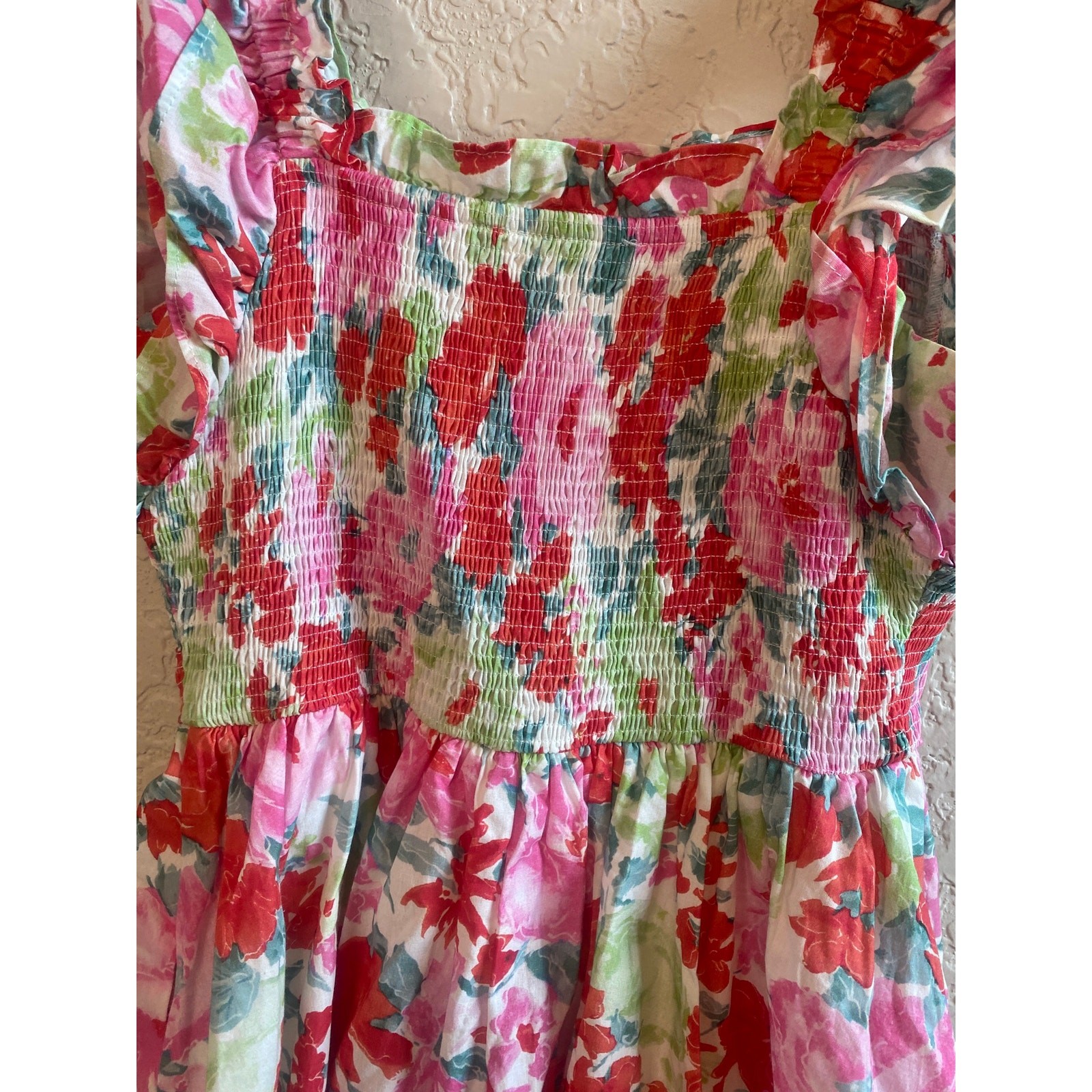 Entro Floral Smocked Mini Lined Dress w/ Pockets Size Small
