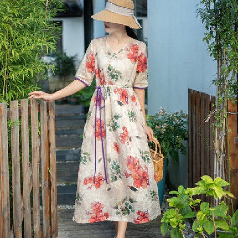 Chinese Ethnic Lady Floral Dress Linen Cotton V Neck Tunic Drawstring Retro Chic