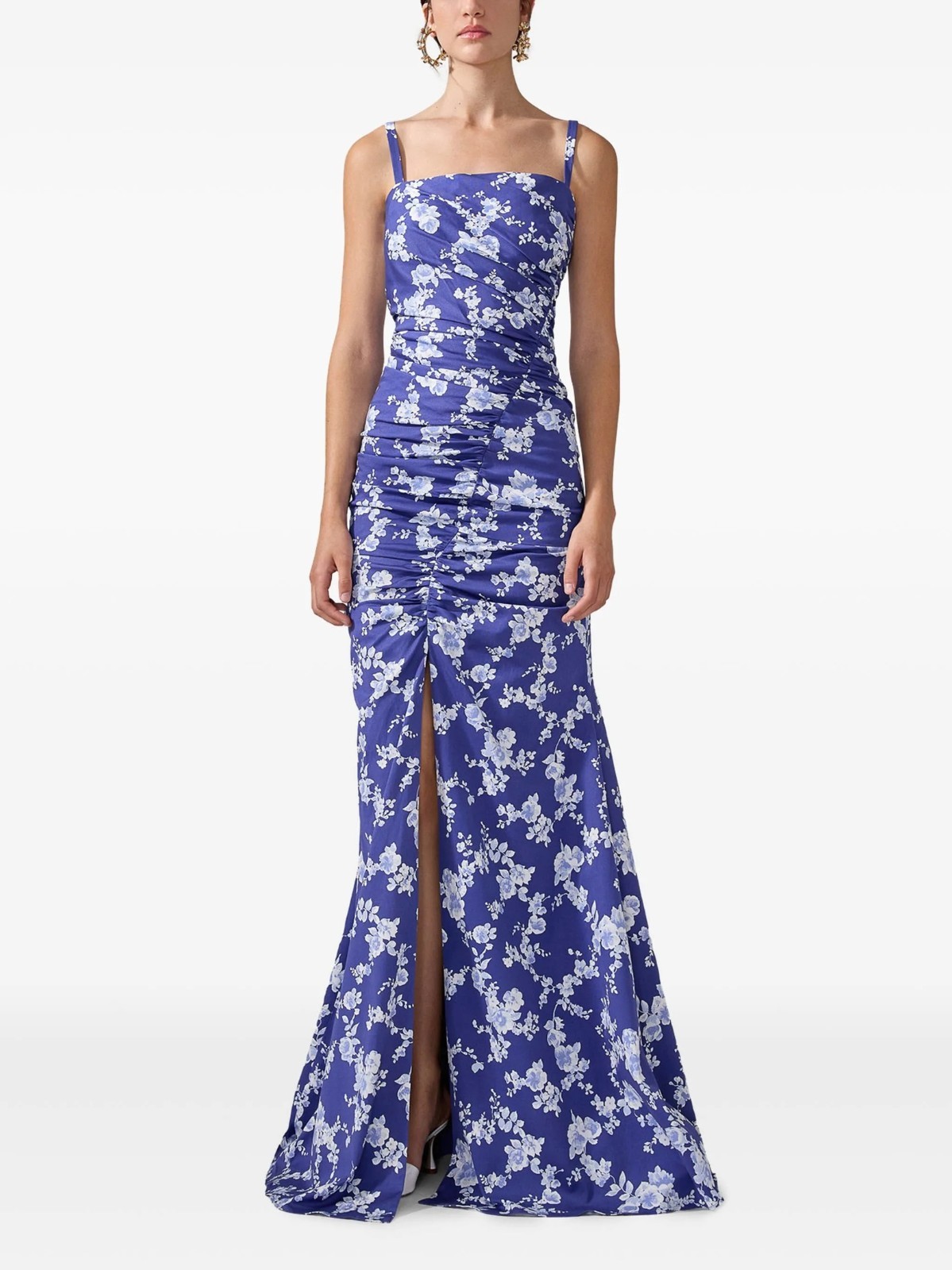 Carolina Herrera Women Blue Floral Ruched Faille Gown Maxi Dress US 8 NWT $3800