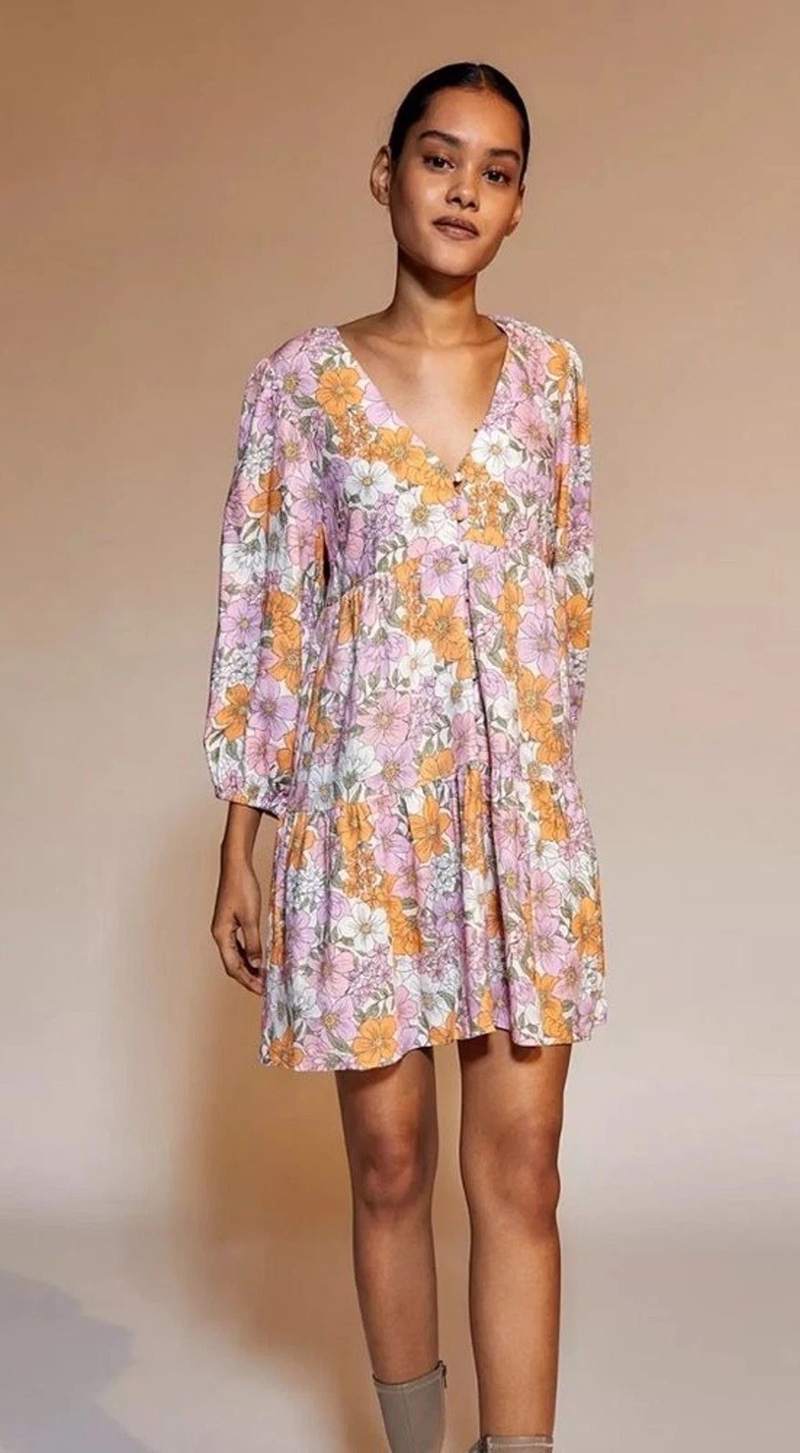 MINKPINK Women’s Ester Smock Mini Dress size XS floral retro boho 60’s dress