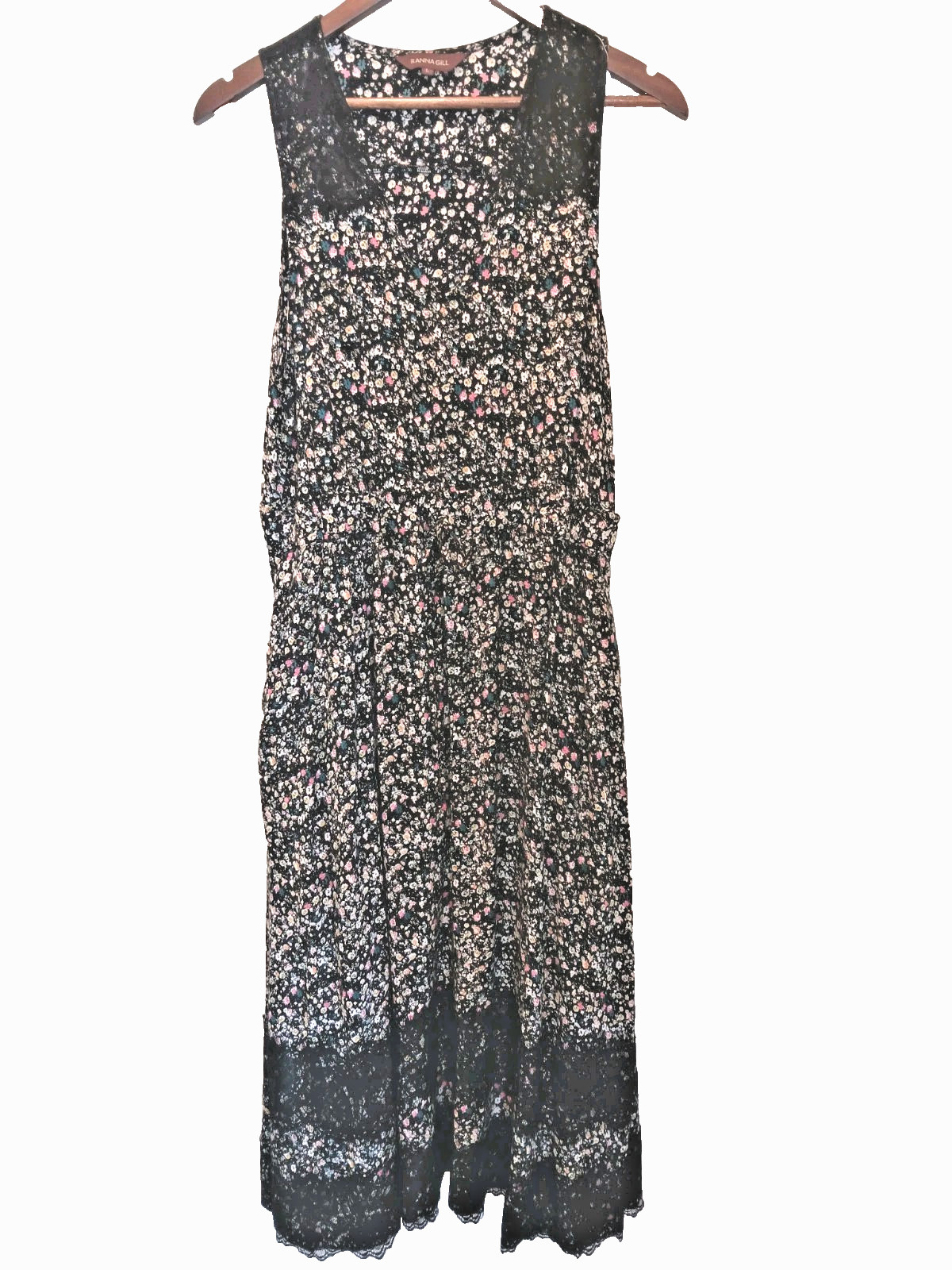 Ranna Gill Anthropologie L Black Ditsy Floral Maxi Dress Sleeveless Rayon Lace